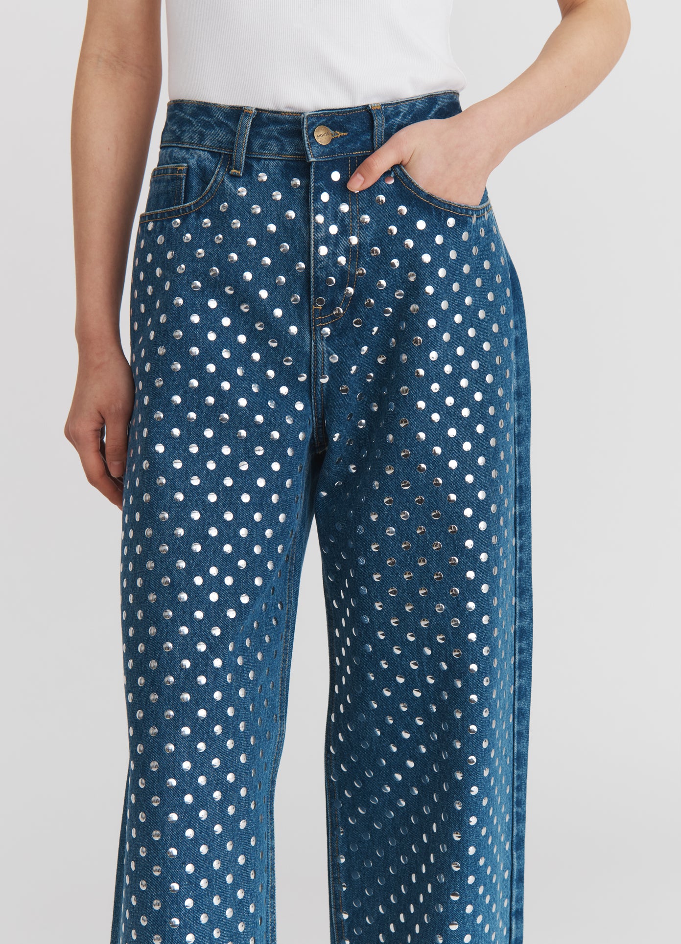 MONSE Studded Denim in Indigo on model waistband detail view