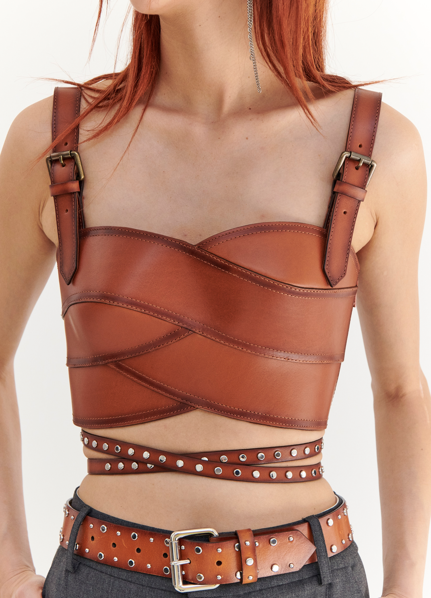 MONSE Studded Leather Belt in Brown on model front detail view