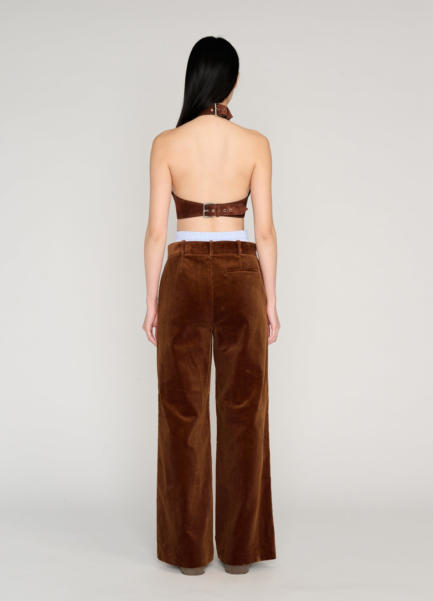 MONSE Suede Halter Top in brown on model full back view