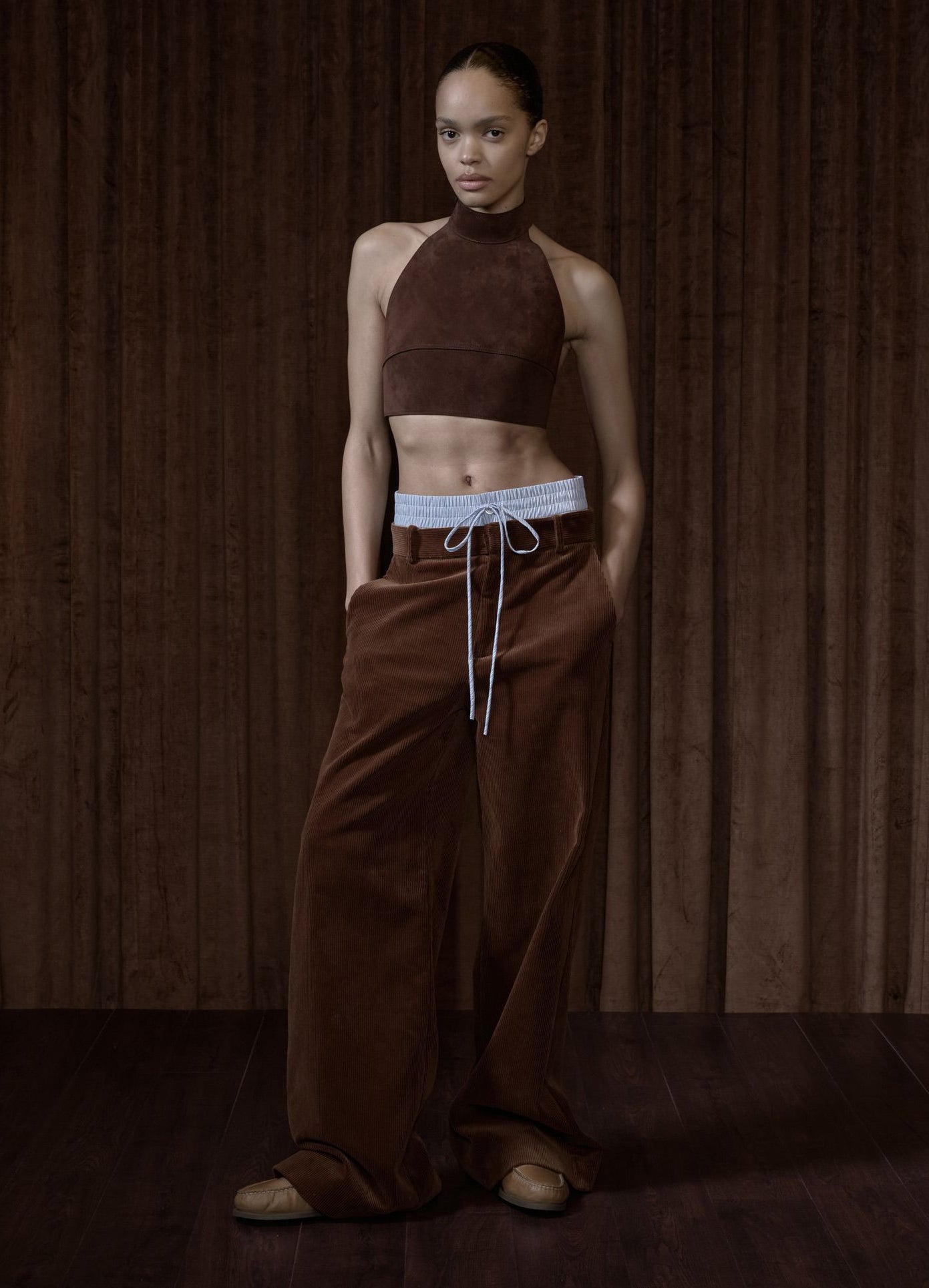 MONSE Suede Halter Top in brown on model full front view
