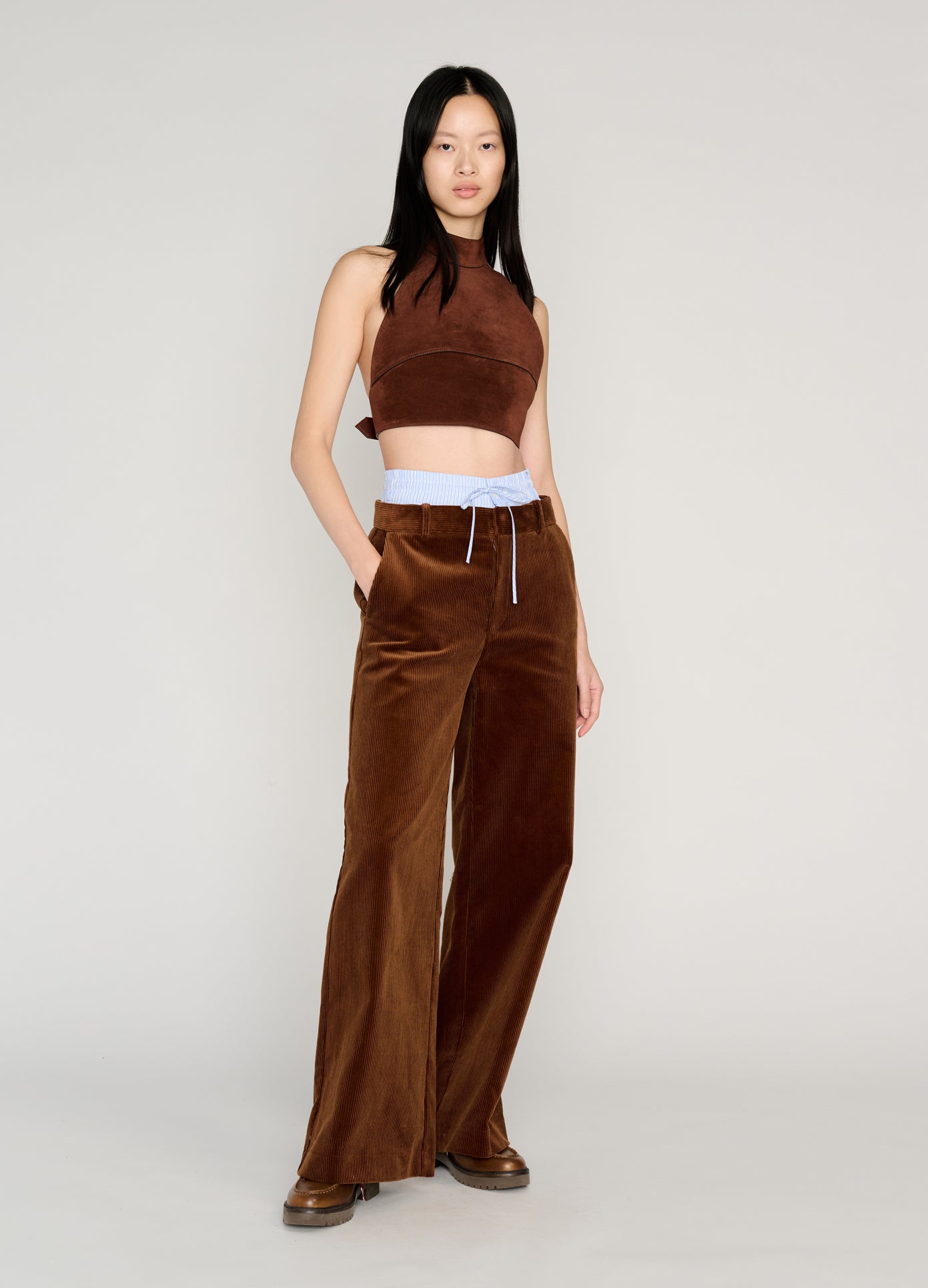 MONSE Suede Halter Top in brown on model style full front view