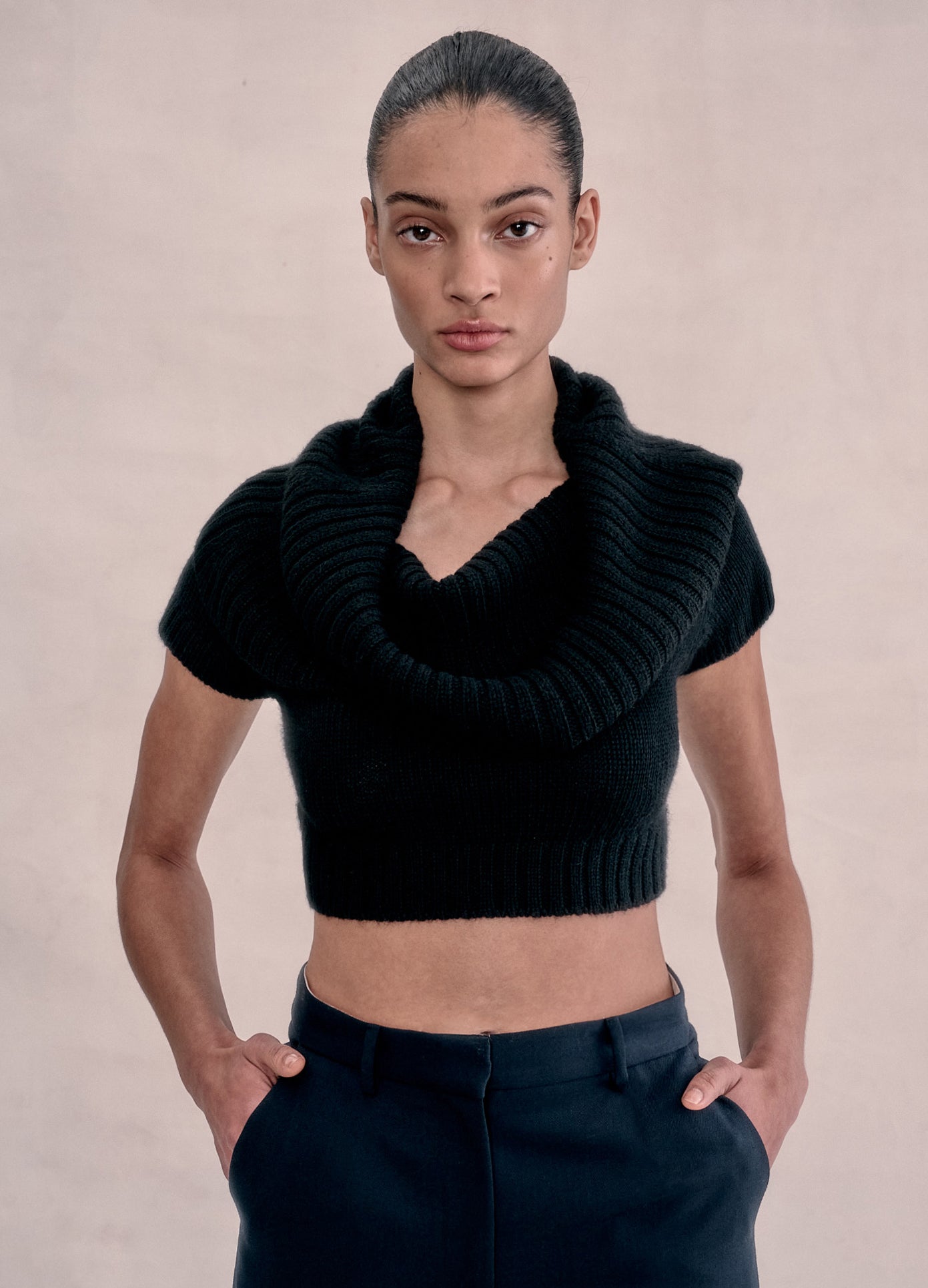 MONSE T-Shirt Turtleneck Sweater in Black Alpaca on model front view