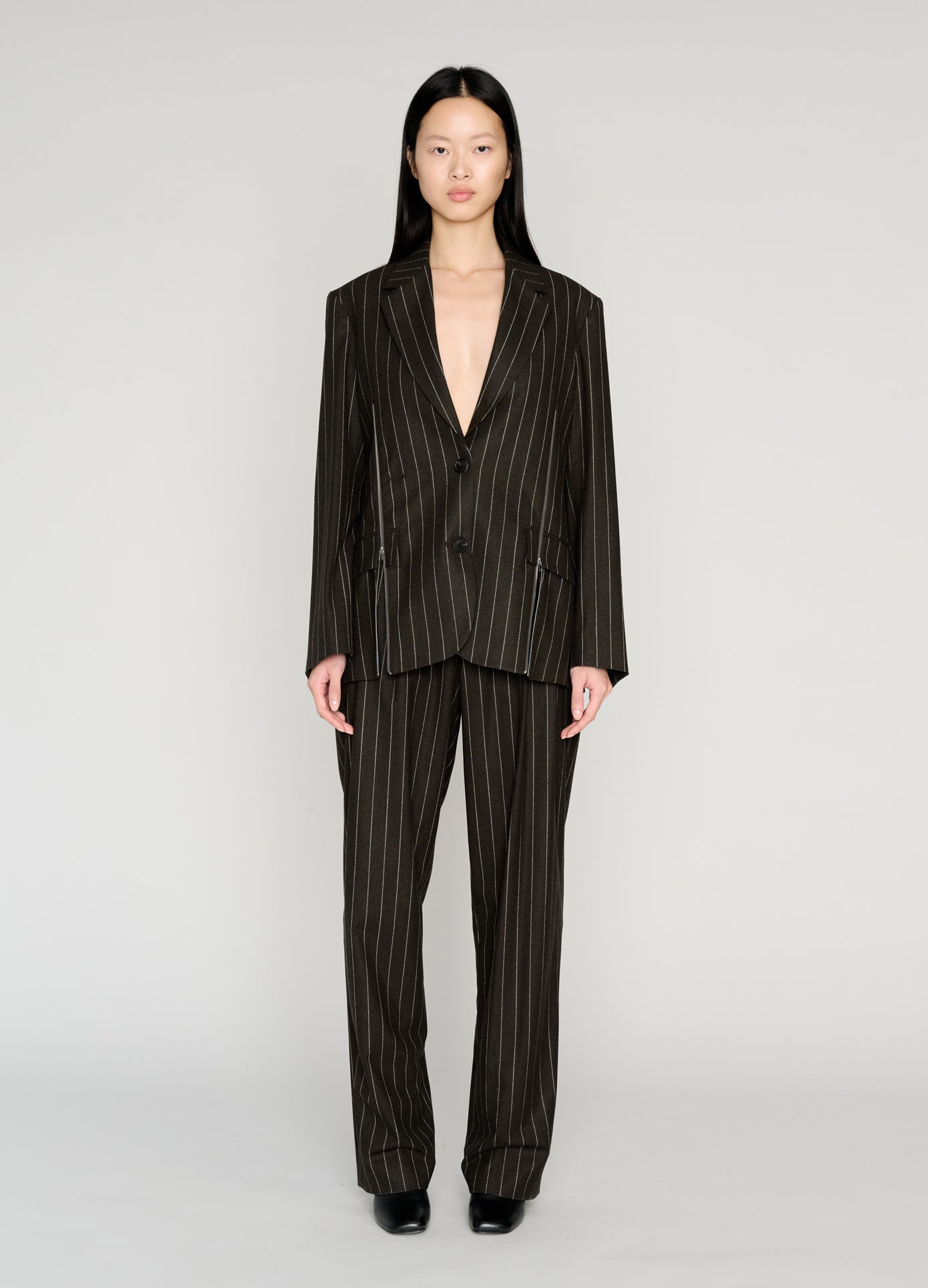 MONSE Double Waistband Trousers in brown on model full front view