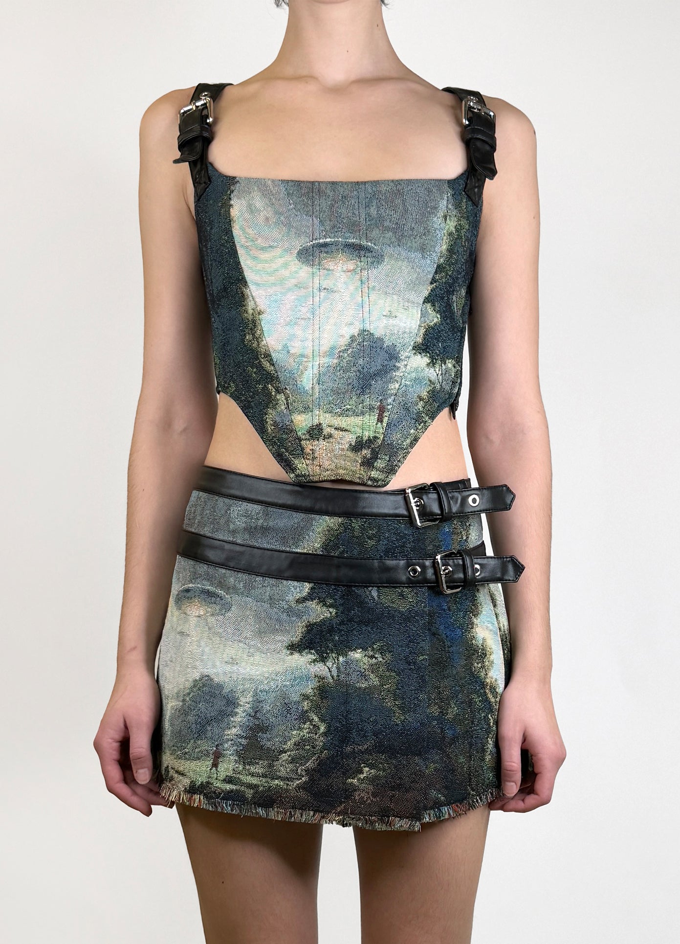 MONSE Tapestry Pleated Combo Mini Skirt in Alien Multi Print on model front view