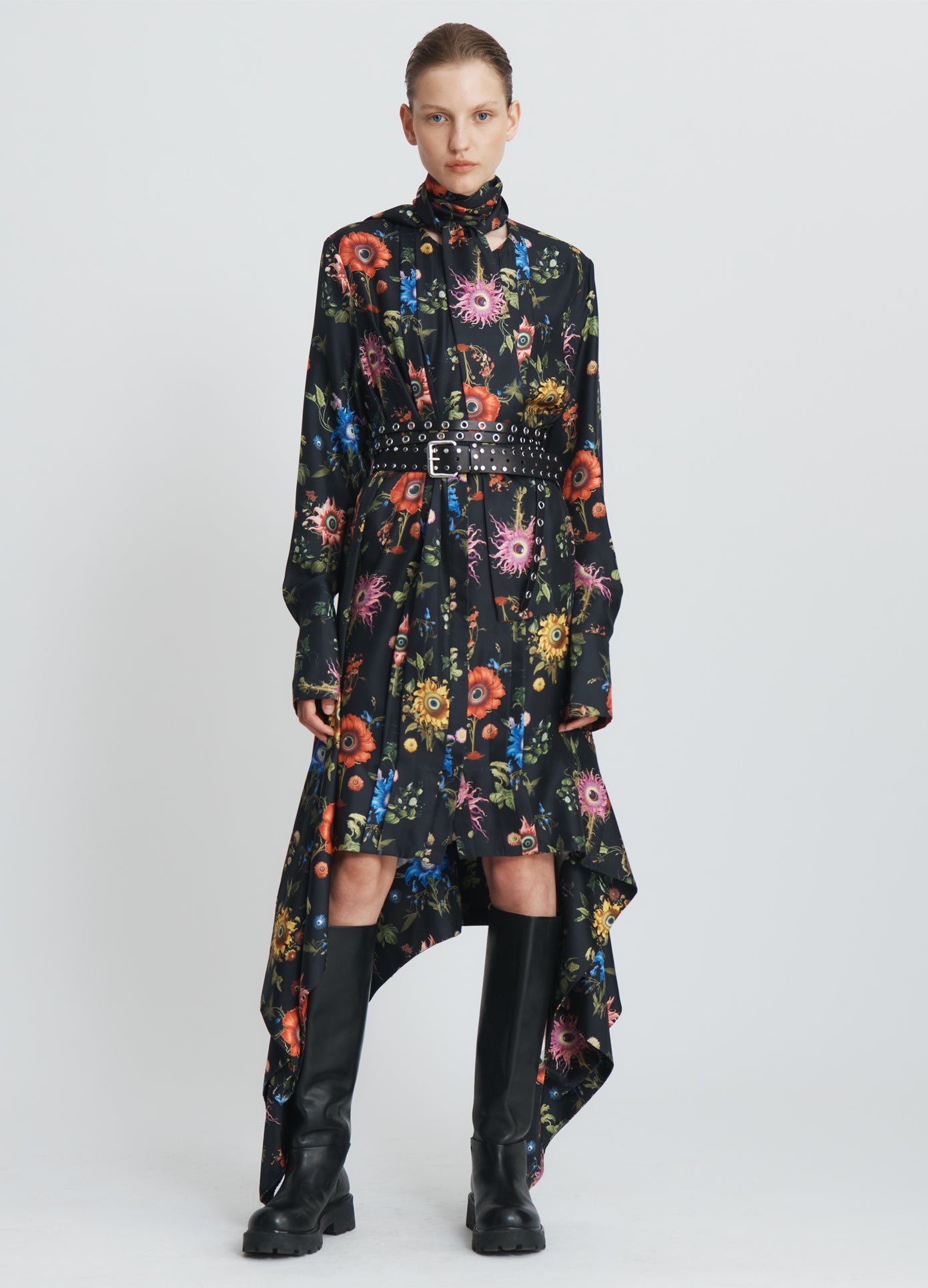 MONSE Tie Neck Printed Dress in Black Print Multi on model main full front view