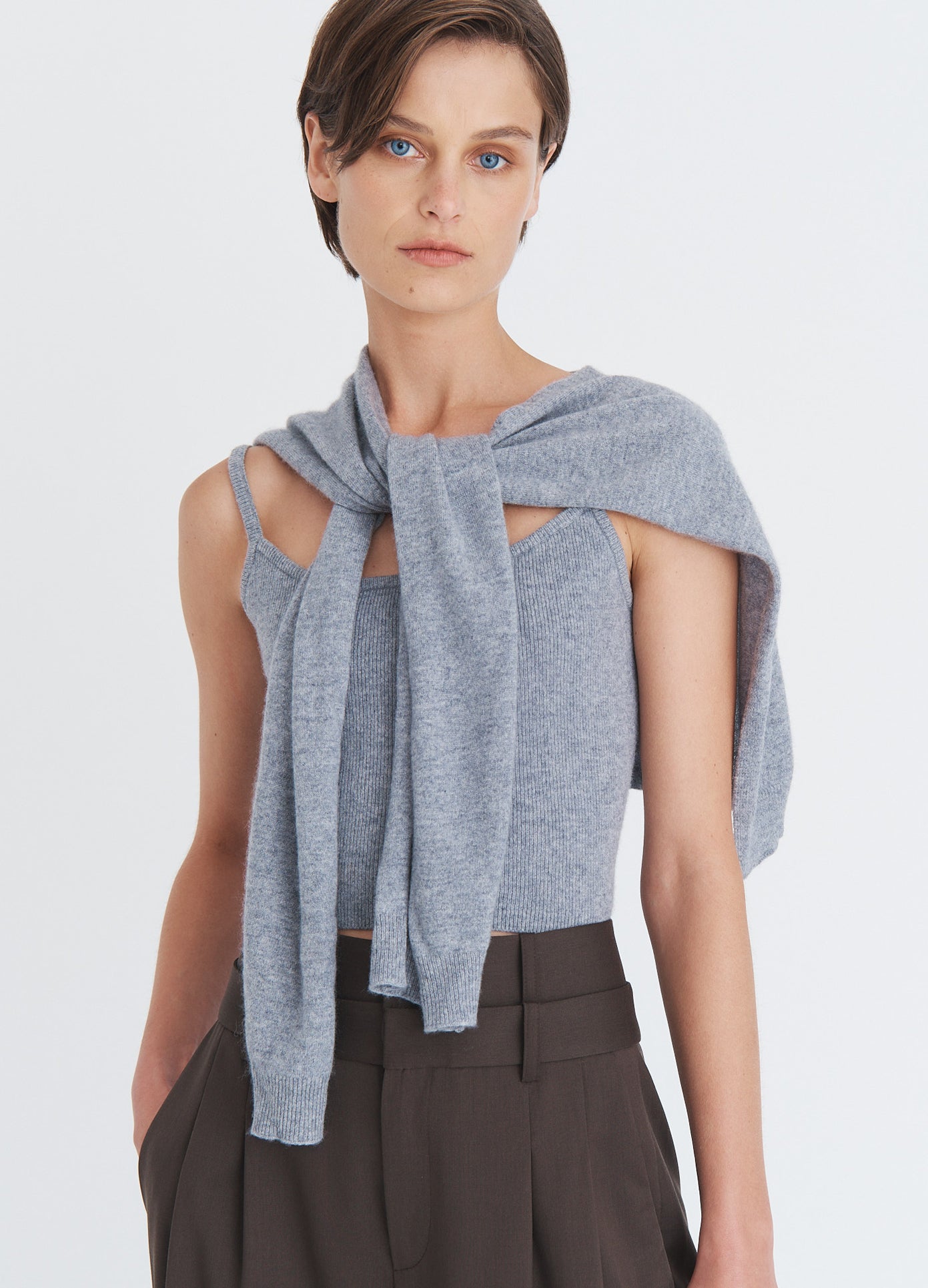 MONSE Tie Scarf Knitted Cami in grey on model front view