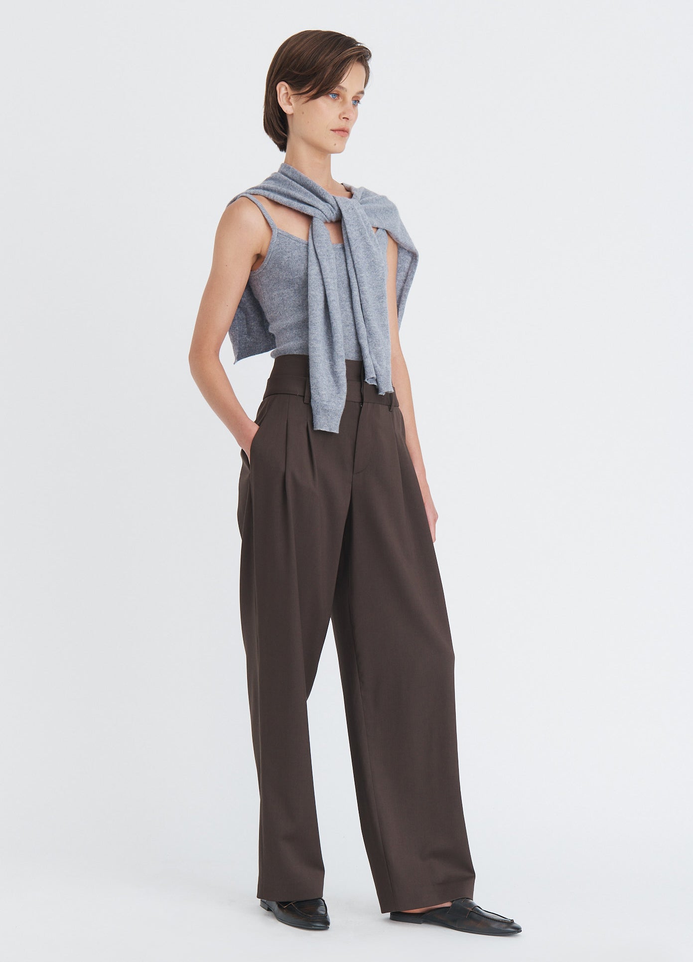 MONSE Tie Scarf Knitted Cami in grey on model full front view