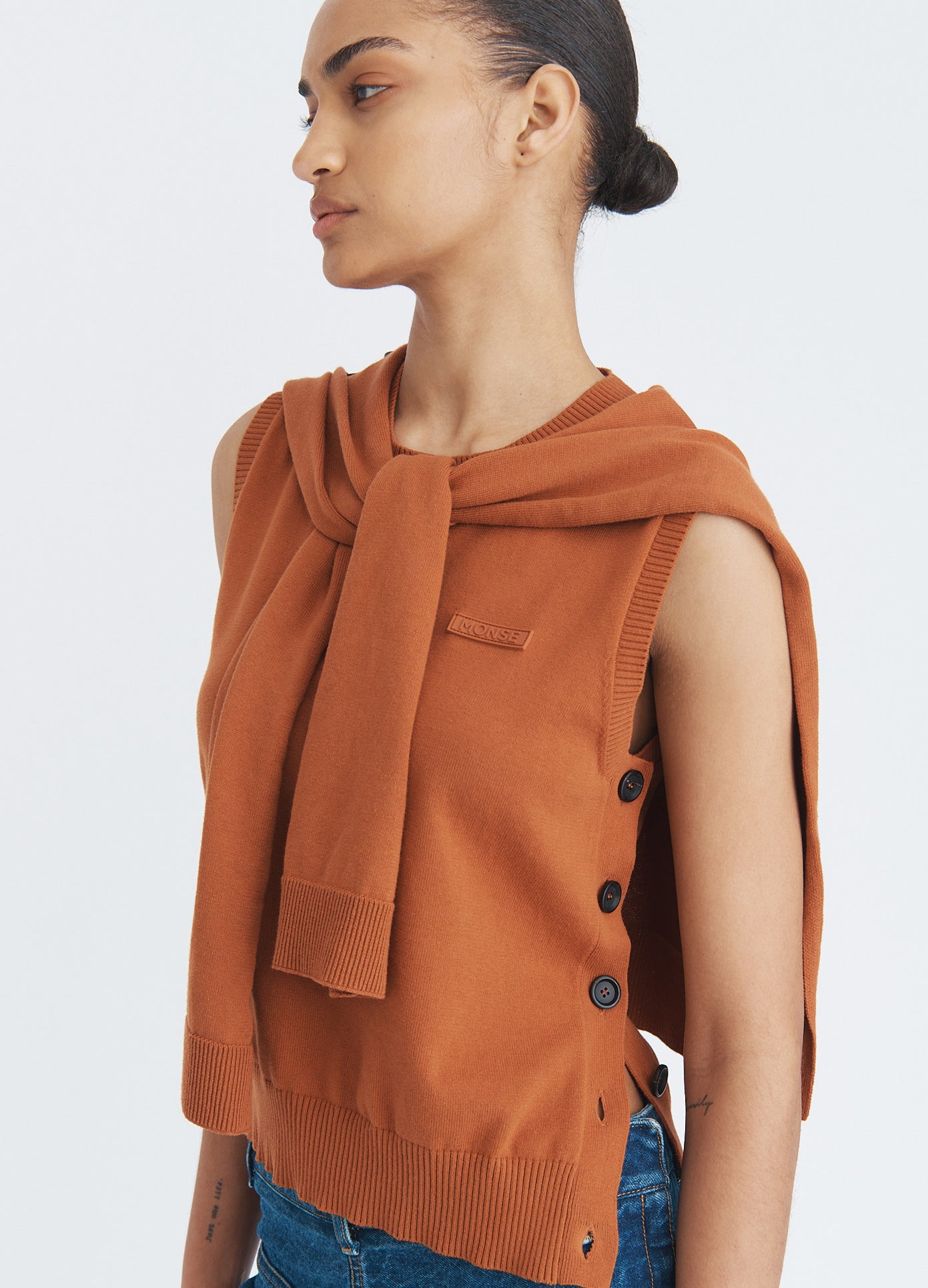 MONSE Tie Scarf Sleeveless Knit in umber on model front view