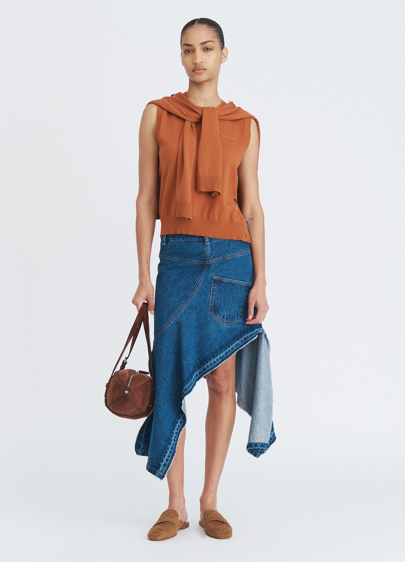 MONSE Tie Scarf Sleeveless Knit in umber on model full front view