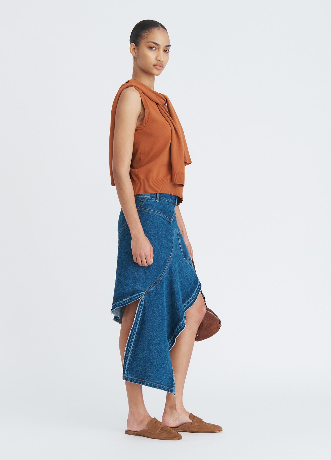 MONSE Tie Scarf Sleeveless Knit in umber on model full side view