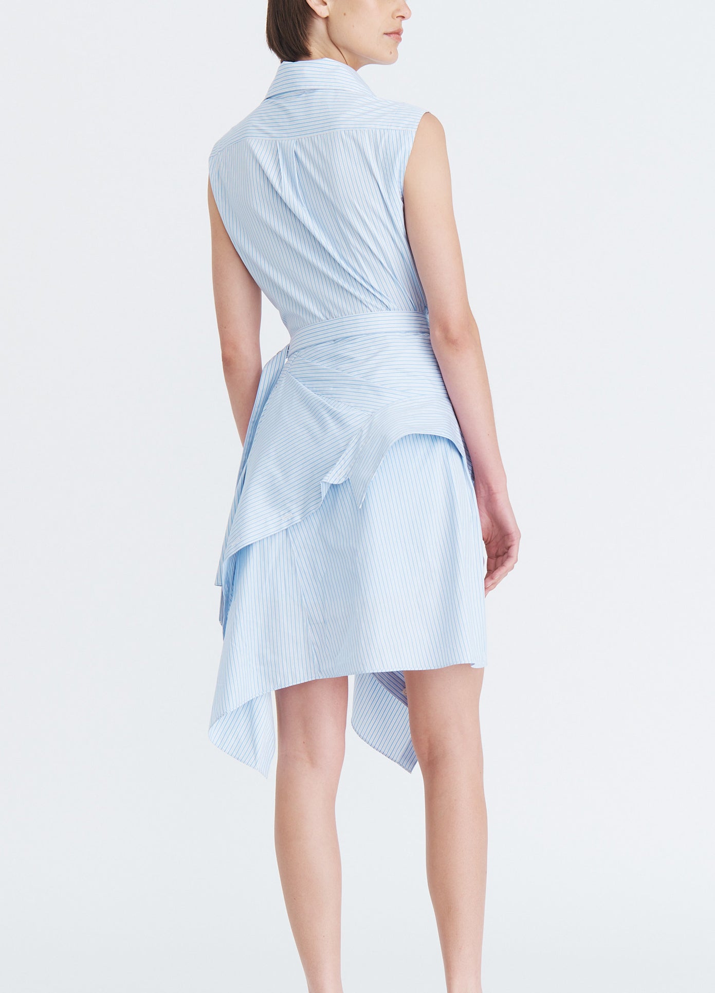 MONSE Tie Wrap Shirt Dress in blue multi on model back view