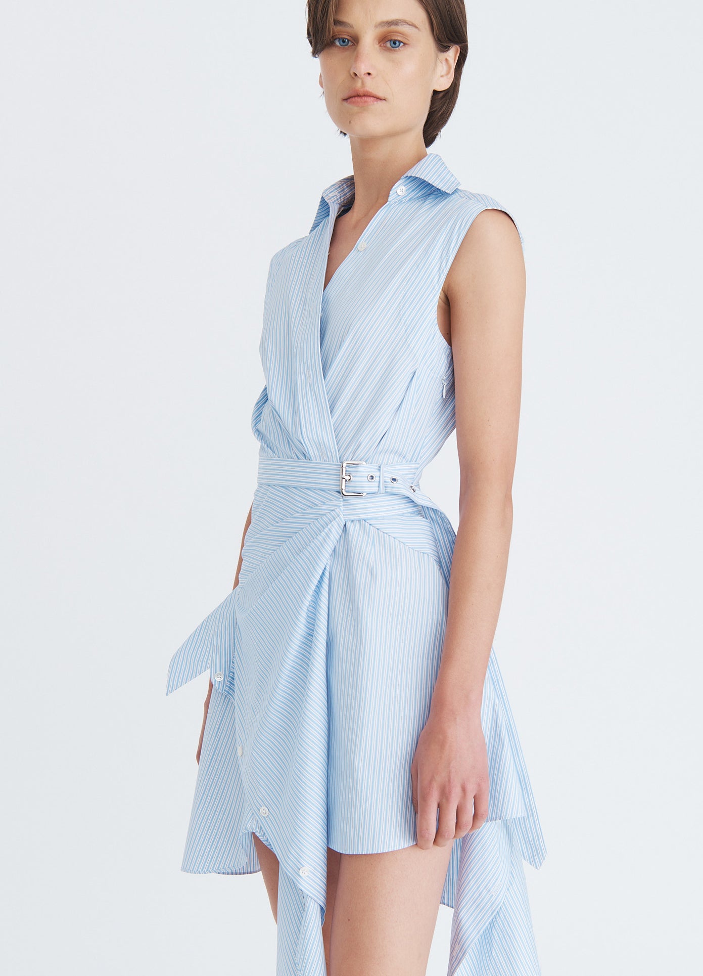 MONSE Tie Wrap Shirt Dress in blue multi on model side view