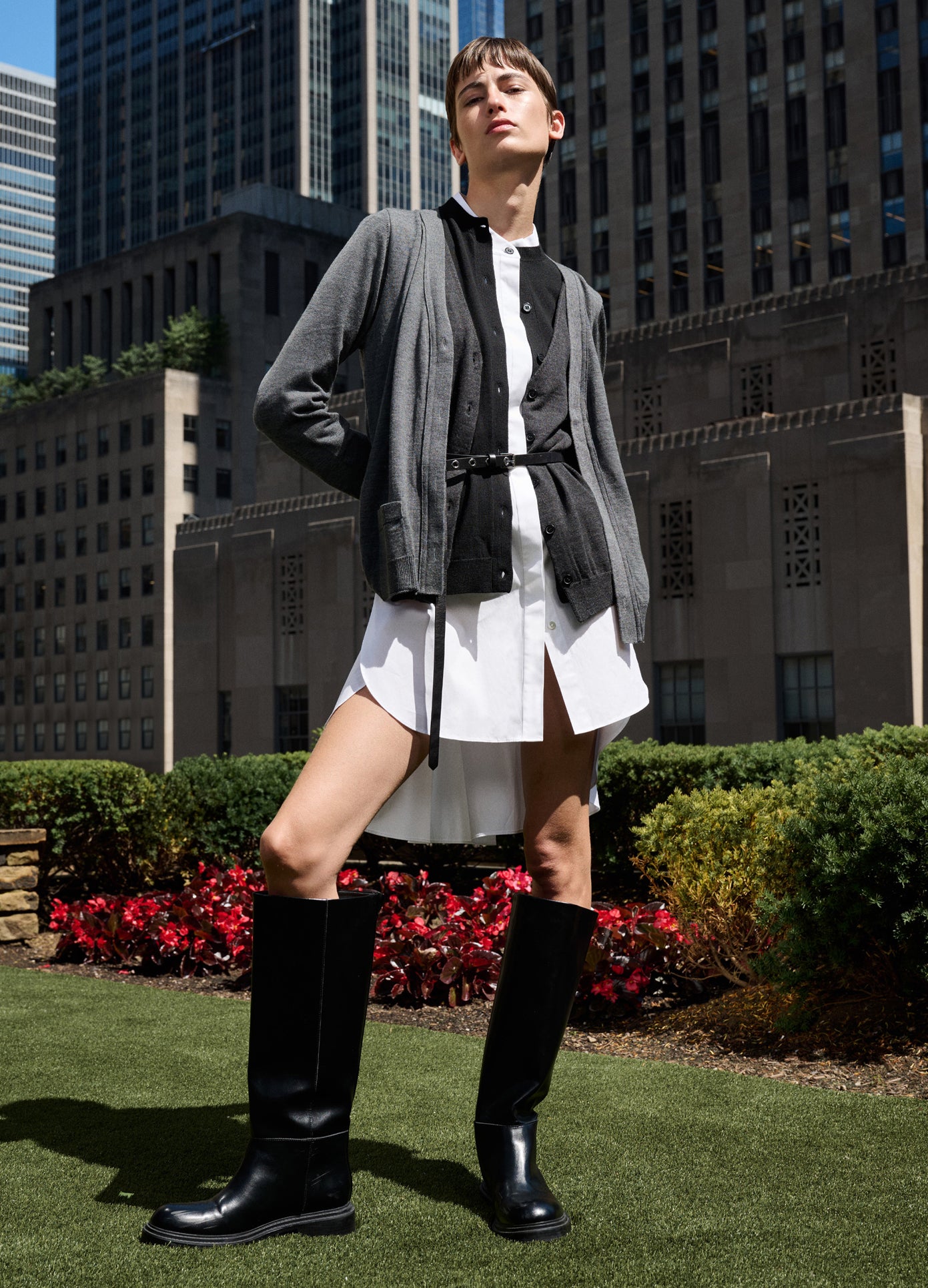 MONSE Triple Layered Cardigan in Black and Grey on model editorial image