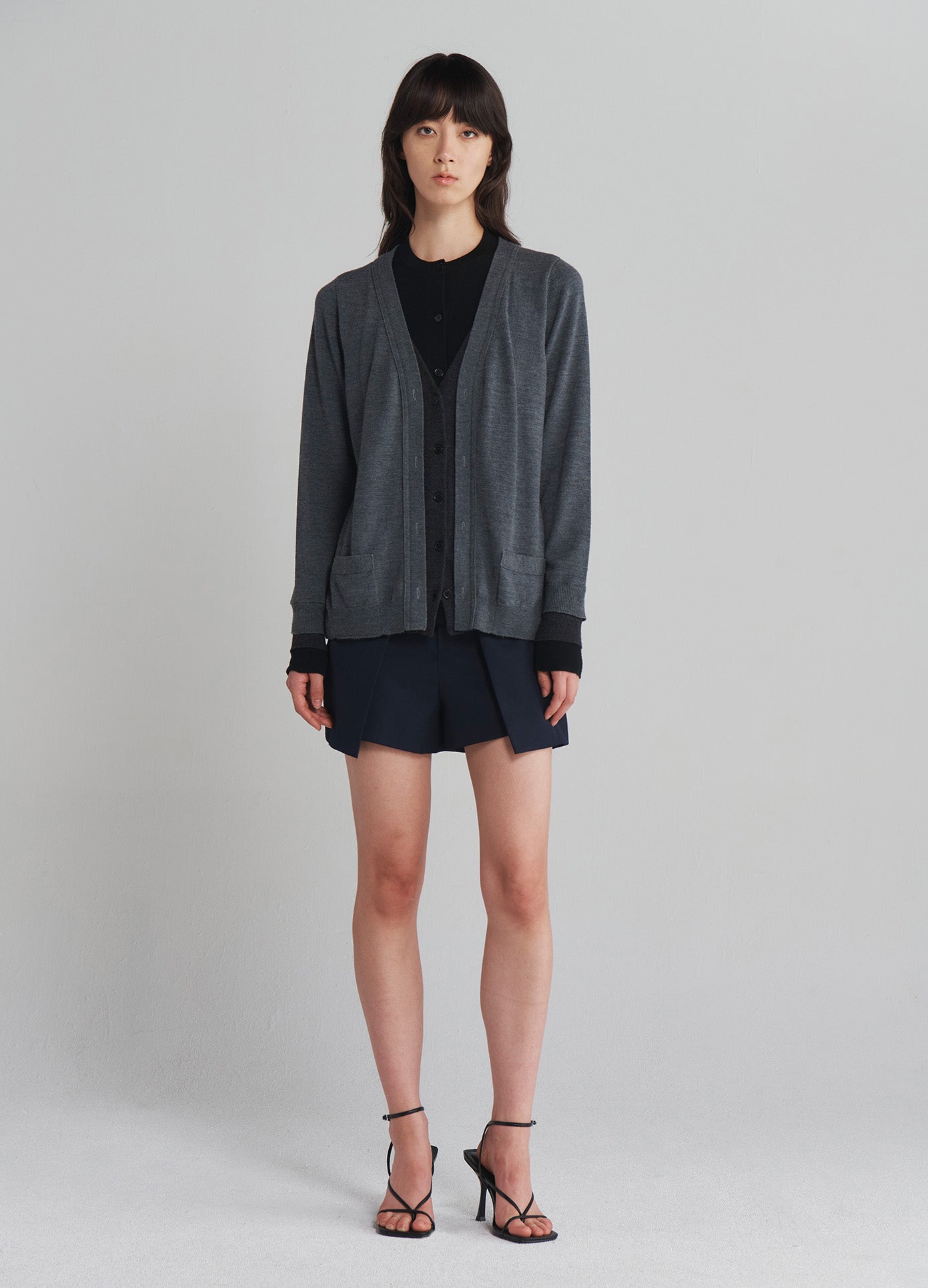 MONSE Triple Layered Cardigan in Black and Grey on model full front view