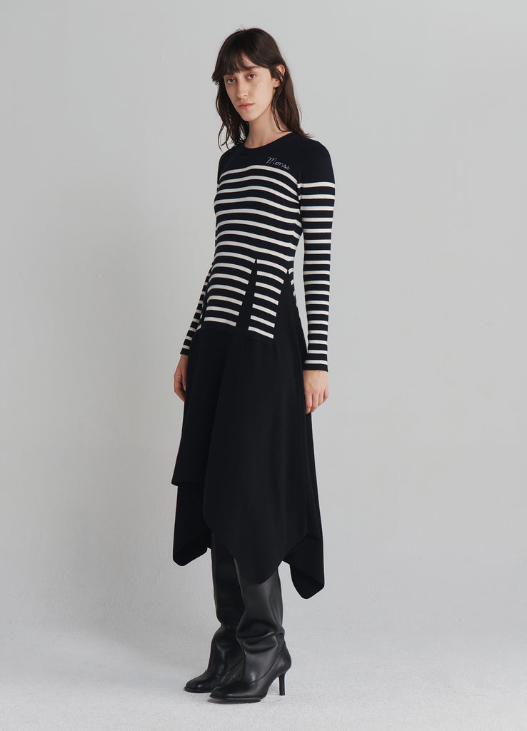 Trompe L'oeil Dart Knitted Dress in Navy With Cascading Skirt