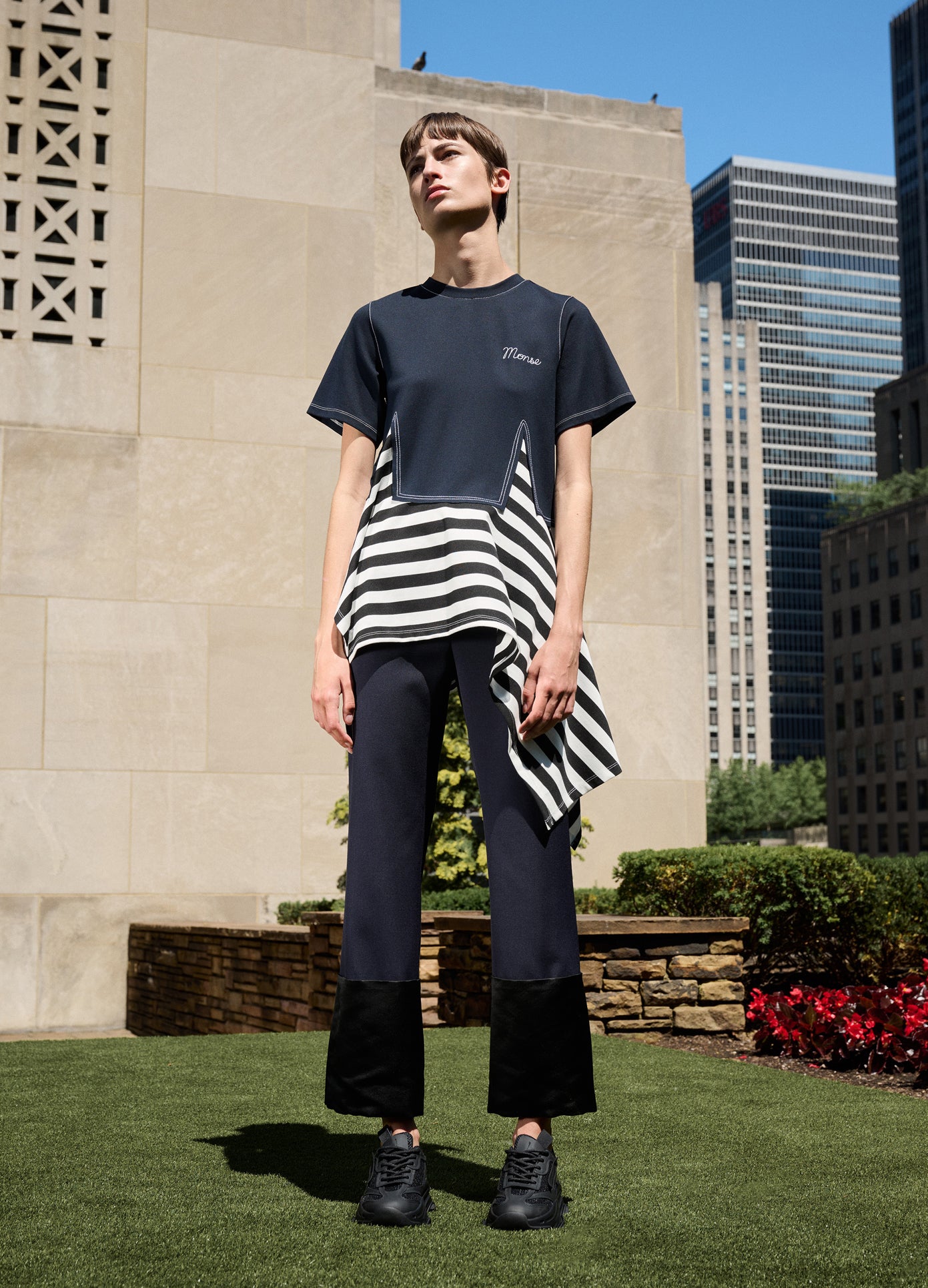 MONSE Trompe L'oeil Dart T-Shirt in Midnight on model editorial image