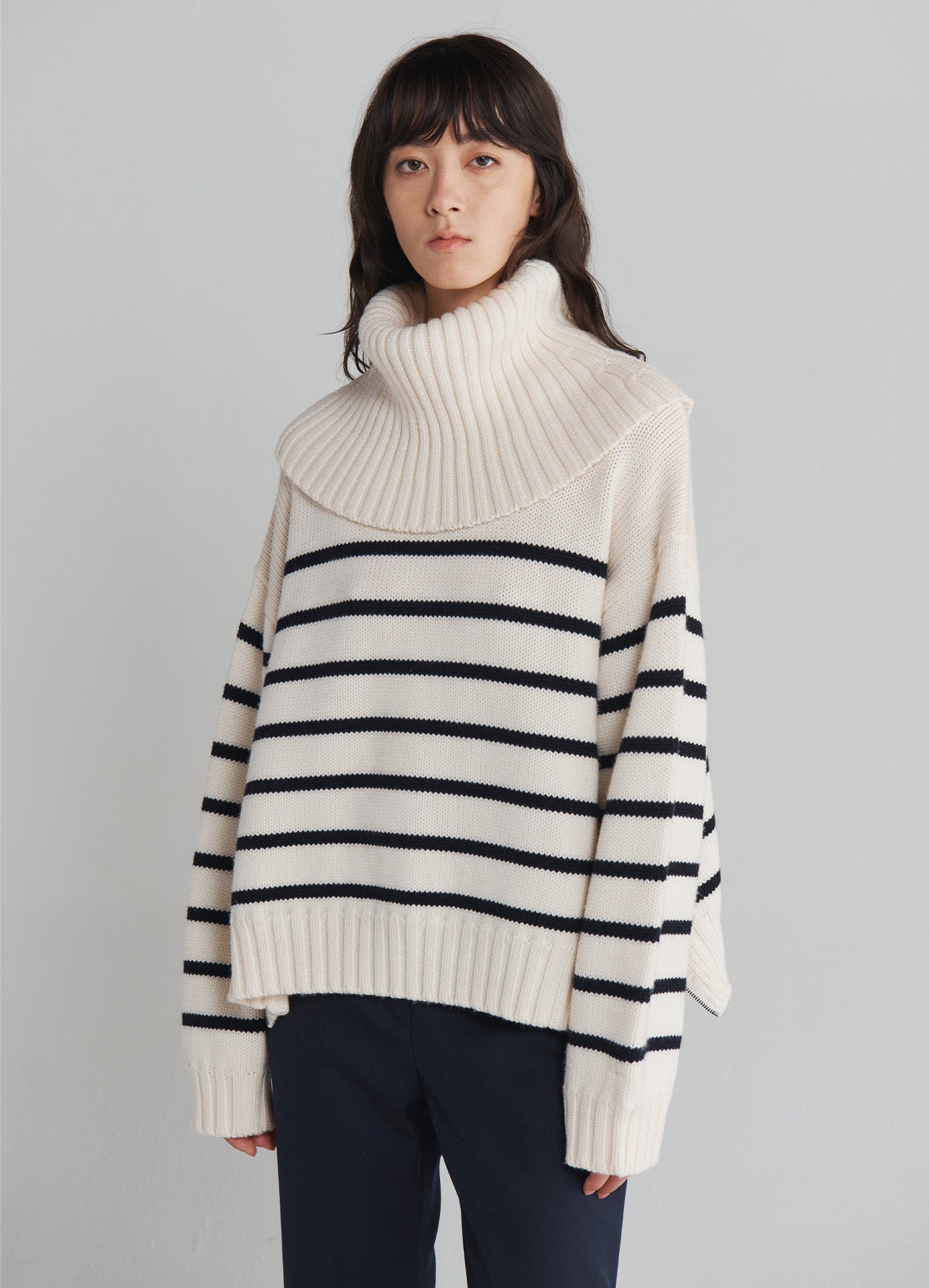 MONSE Turtleneck Striped Sweater in Ivory on model front view