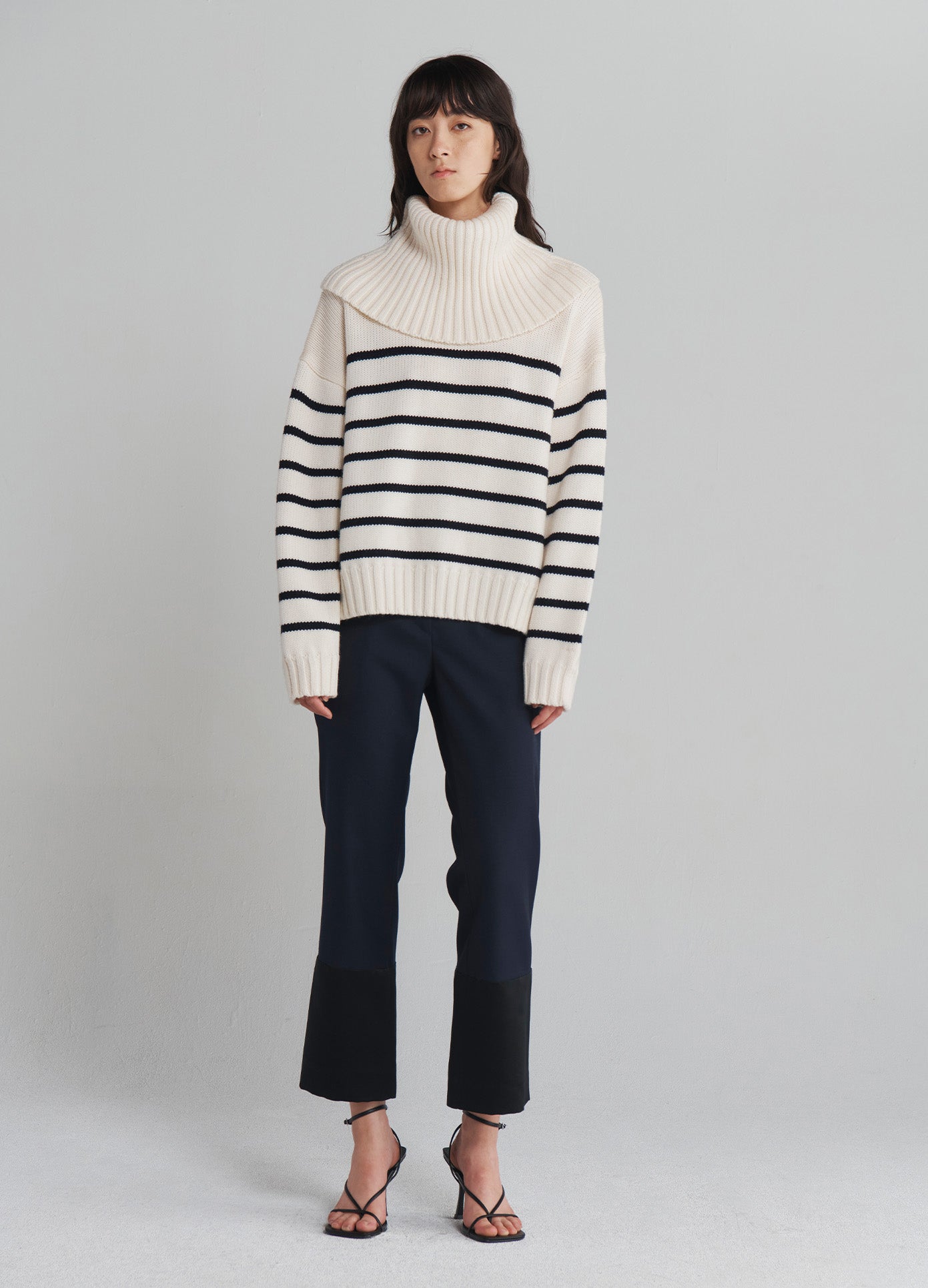 MONSE Turtleneck Striped Sweater in Ivory on model full front view