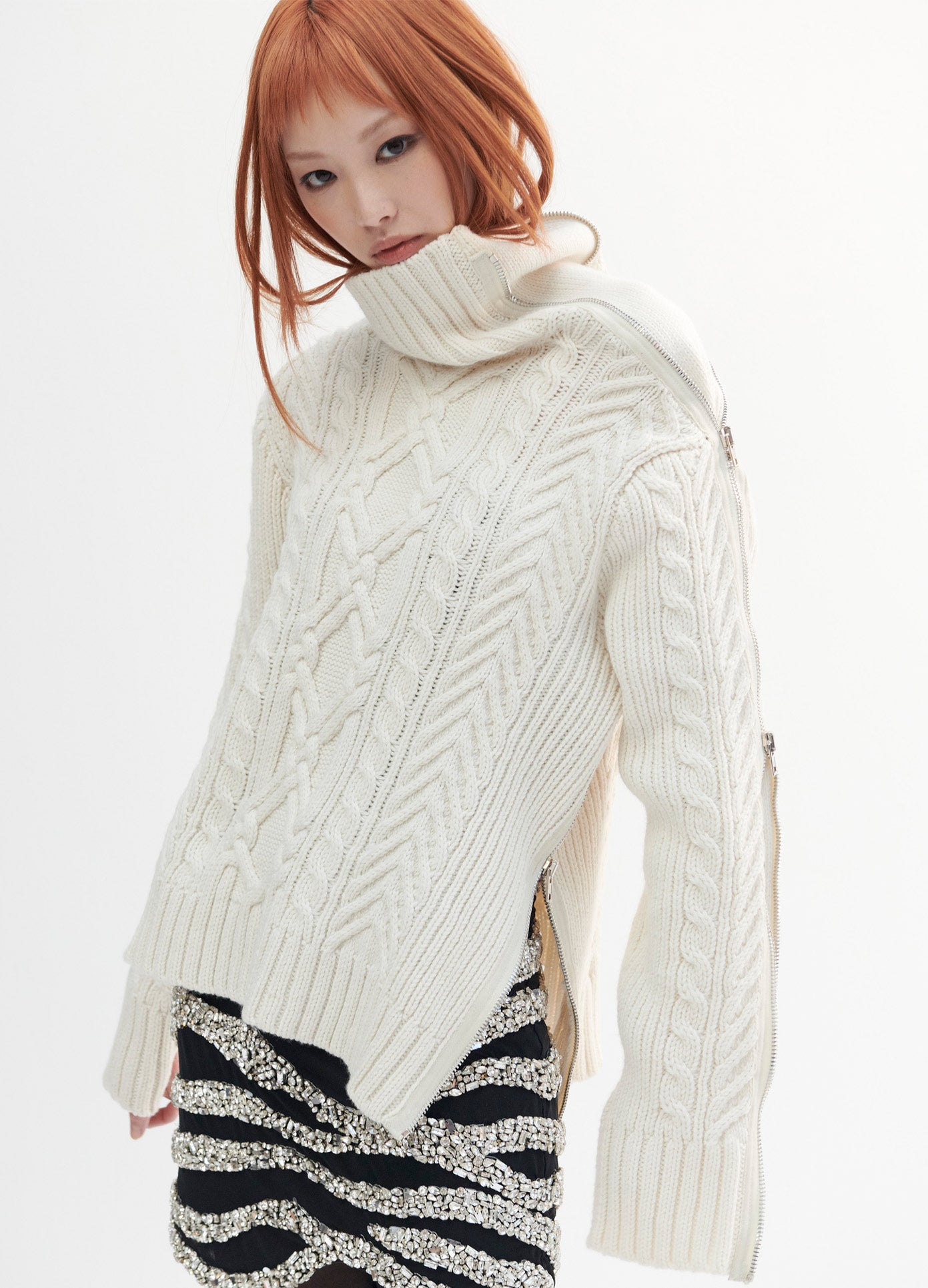 MONSE Turtleneck Zipper Detail Cable Sweater in Ivory on Model Front Side View