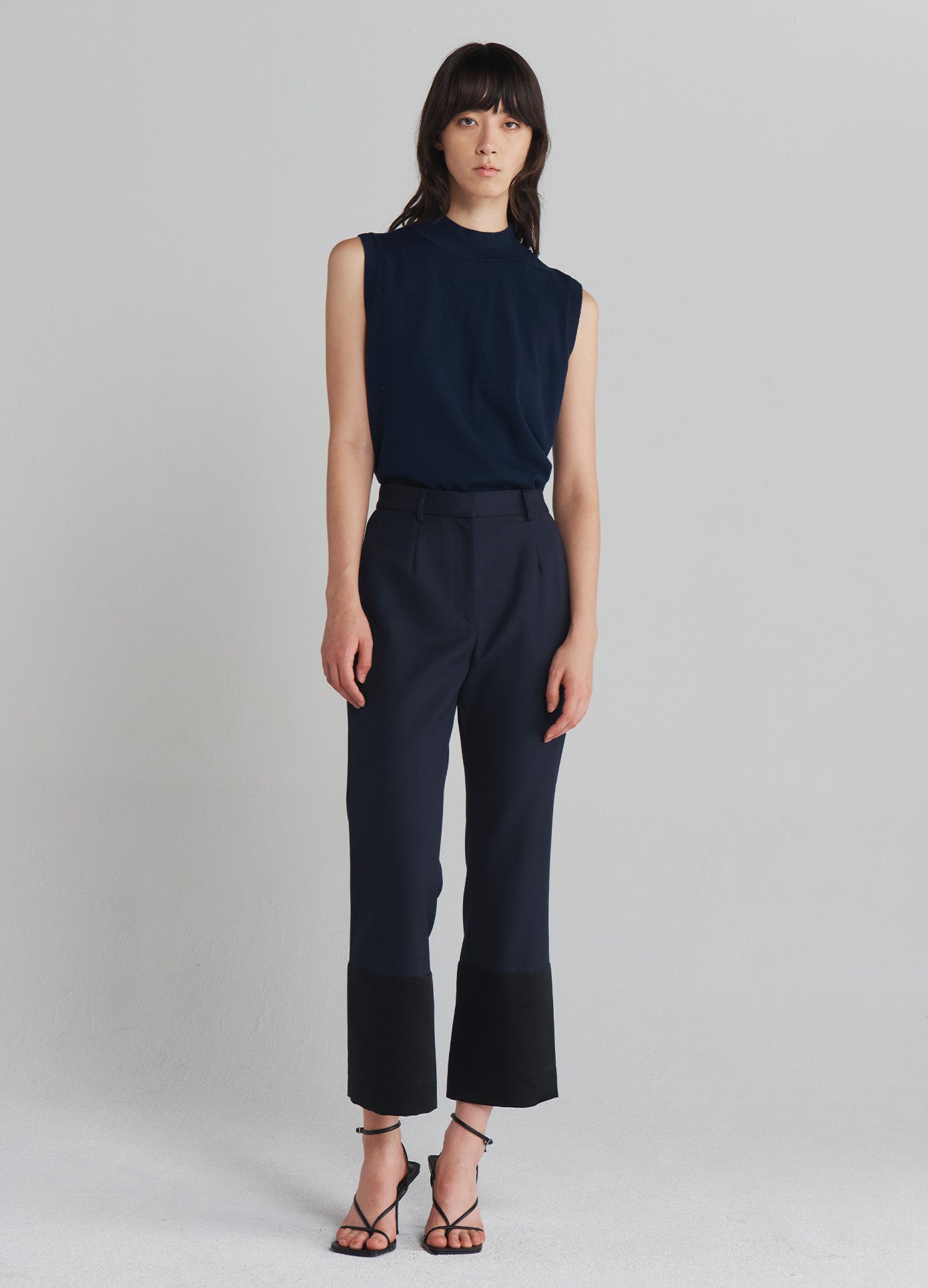 MONSE Tuxedo Cuff Trousers in Navy on model full front view