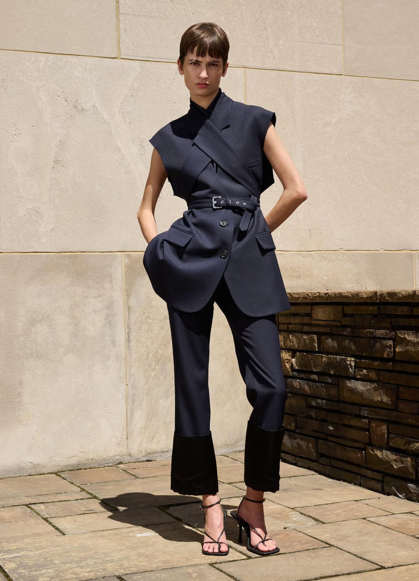 MONSE Tuxedo Cuff Trousers in Midnight on model full front view