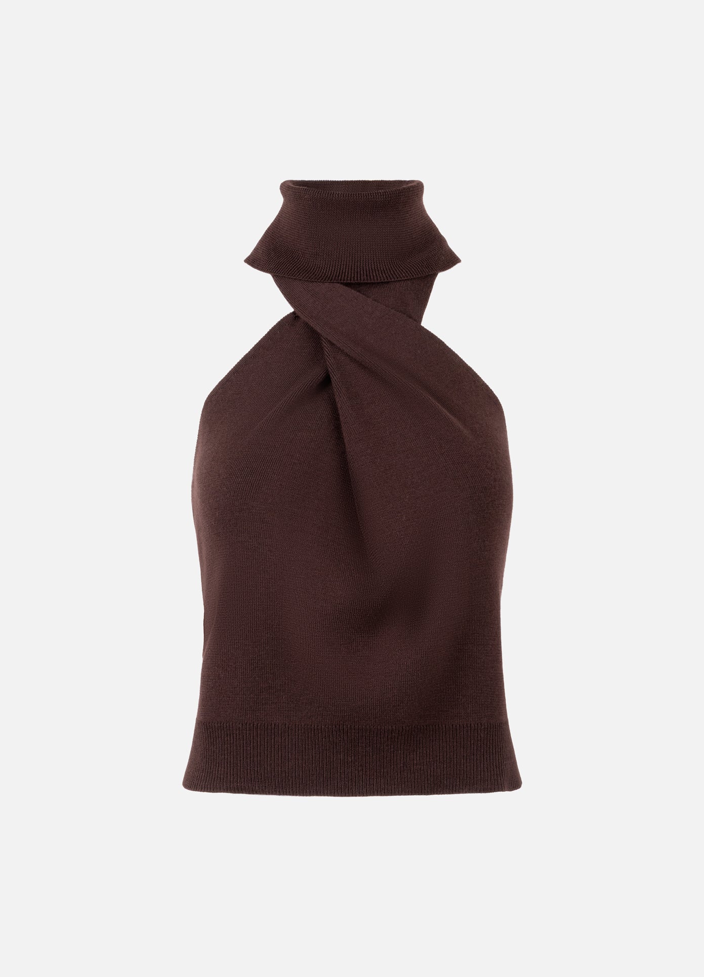 MONSE Twist Front Roll Neck Knit Top in brown flat front
