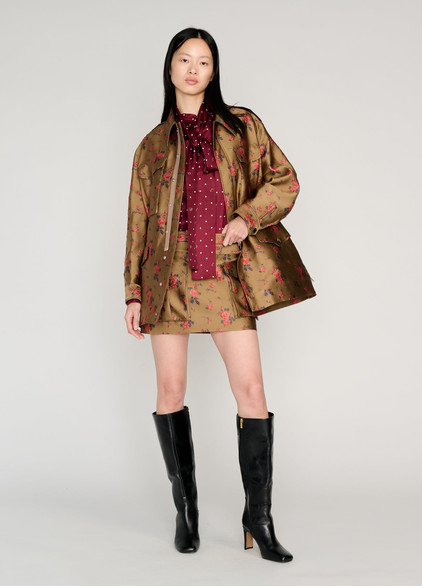 MONSE Utility Jacket in brown on model style full front view