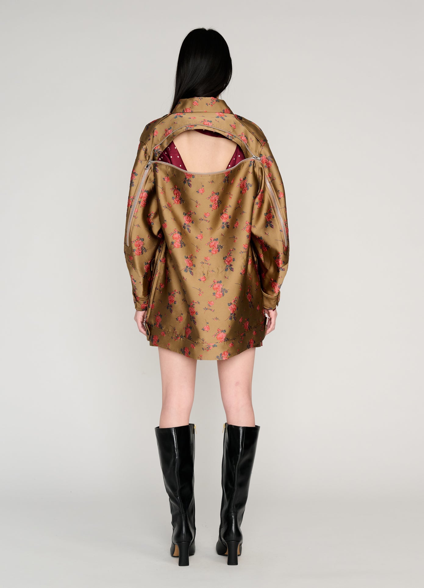 MONSE Utility Jacket in brown on model unzipped full back view