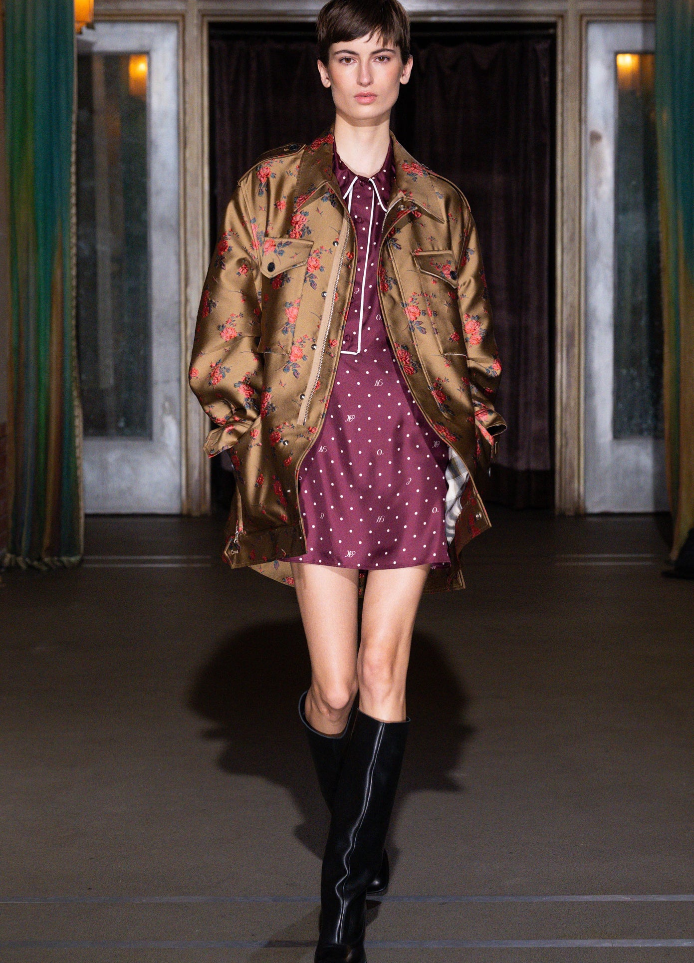 MONSE Utility Jacket in brown on runway model walking show full front view
