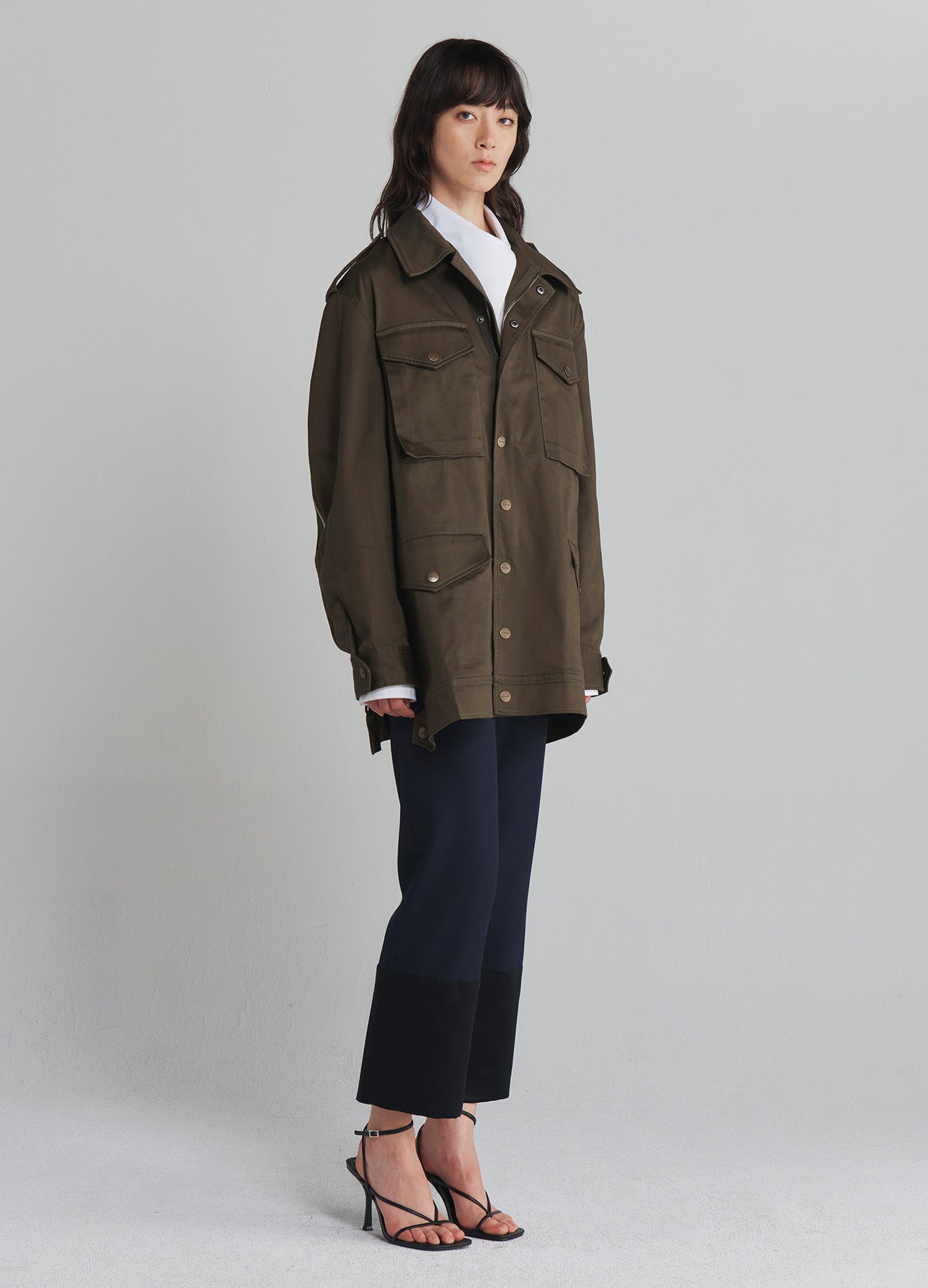 MONSE Utility Jacket in Olive on model full side view