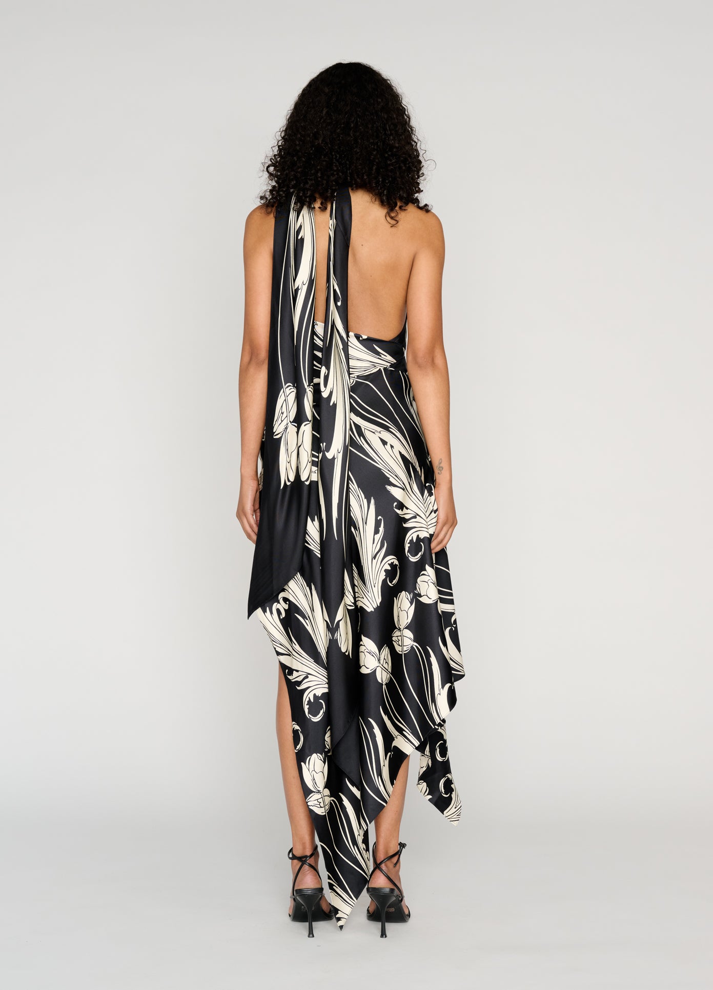 MONSE V-Neck Printed Dress in black on model full back view