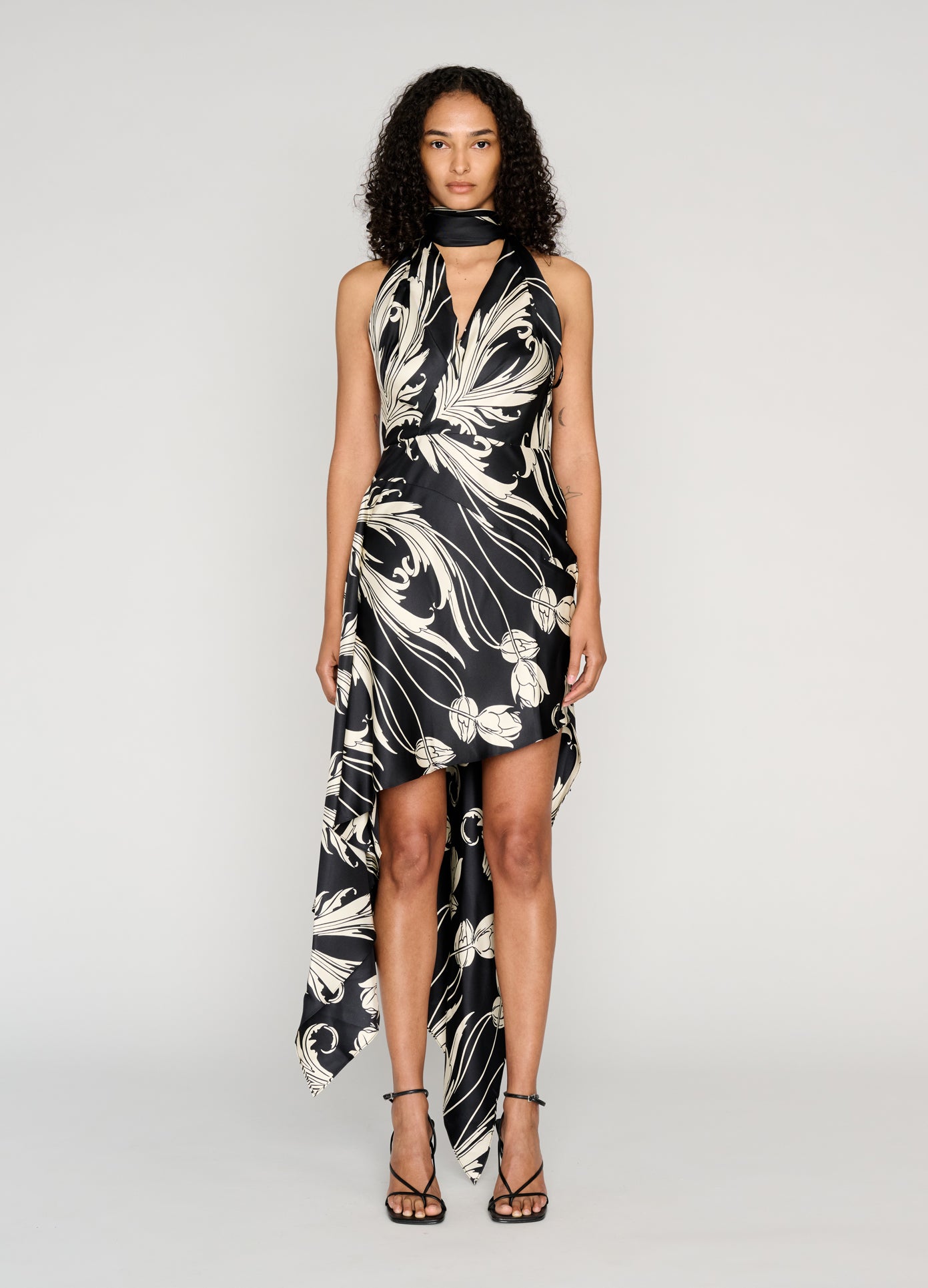 MONSE V-Neck Printed Dress in black on model full front view