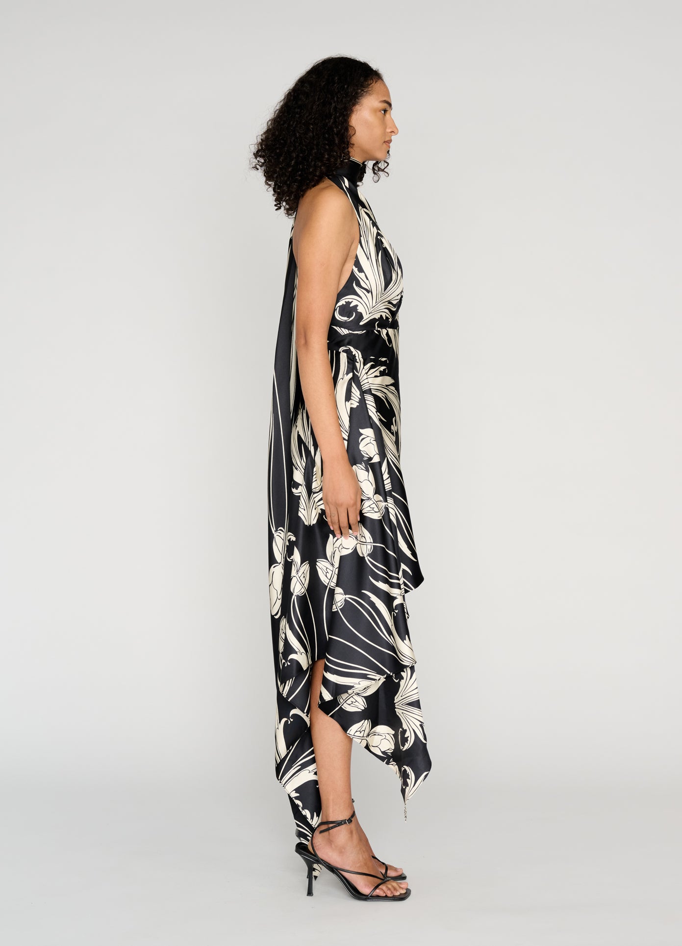 MONSE V-Neck Printed Dress in black on model full side view