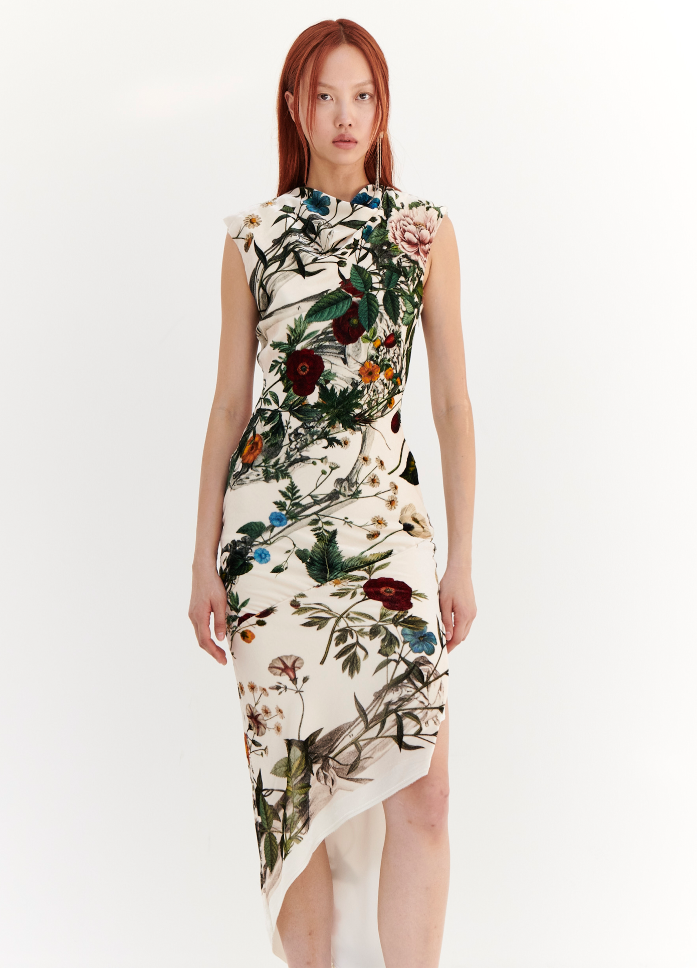 MONSE Velvet Floral Skeleton Print Dress in Ivory Multi on model front view