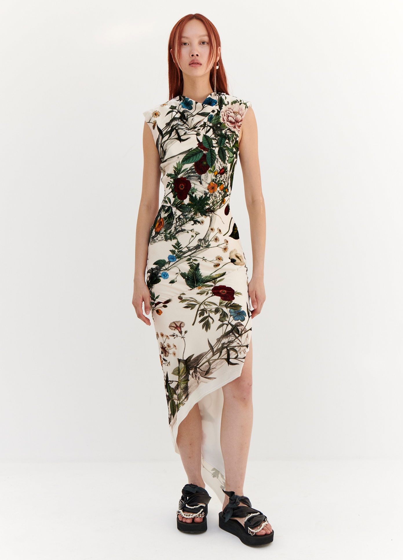 MONSE Velvet Floral Skeleton Print Dress in Ivory Multi on model full front view