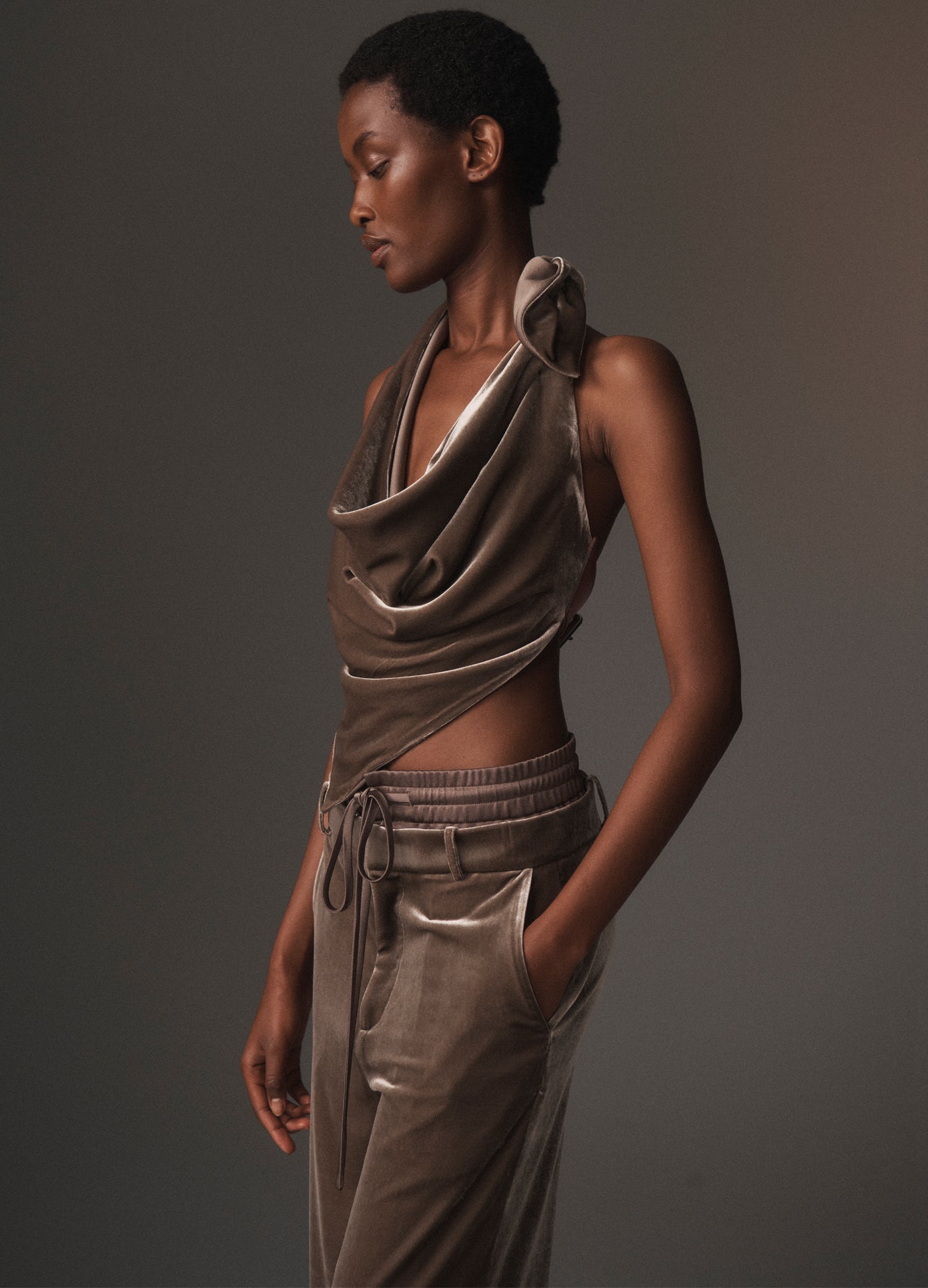 MONSE Velvet Leather Strap Halter Top in teak on model lookbook image