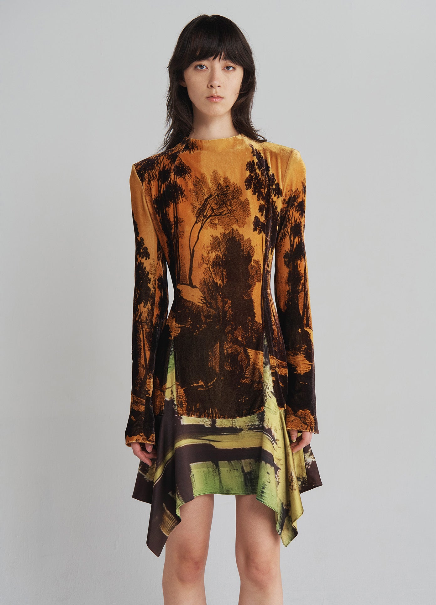 MONSE Velvet Mock Turtleneck Dress in Multi on model front view