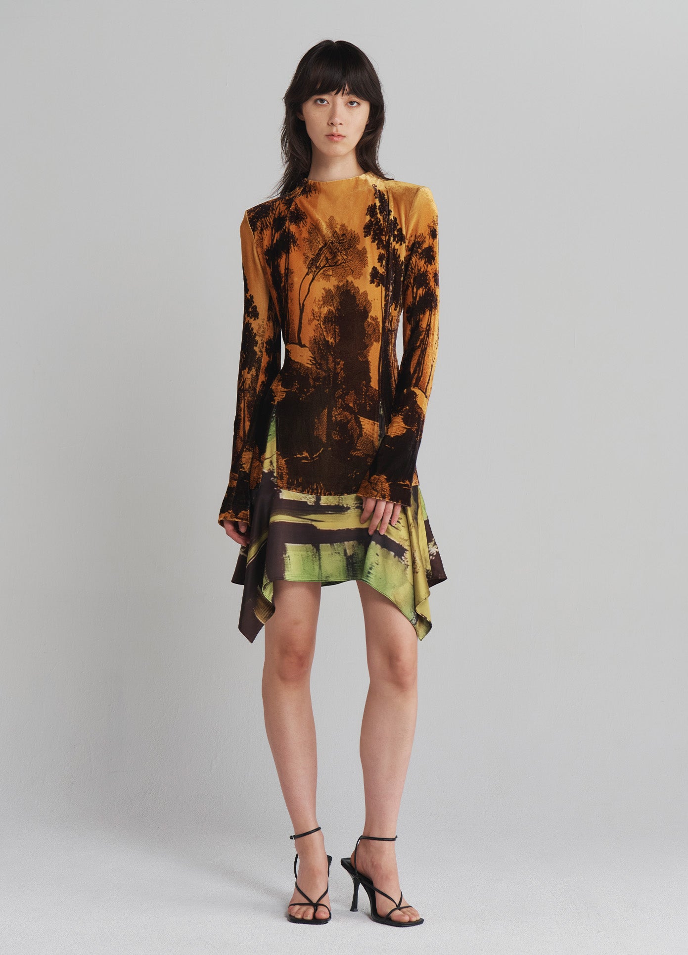 MONSE Velvet Mock Turtleneck Dress in Multi on model full front view