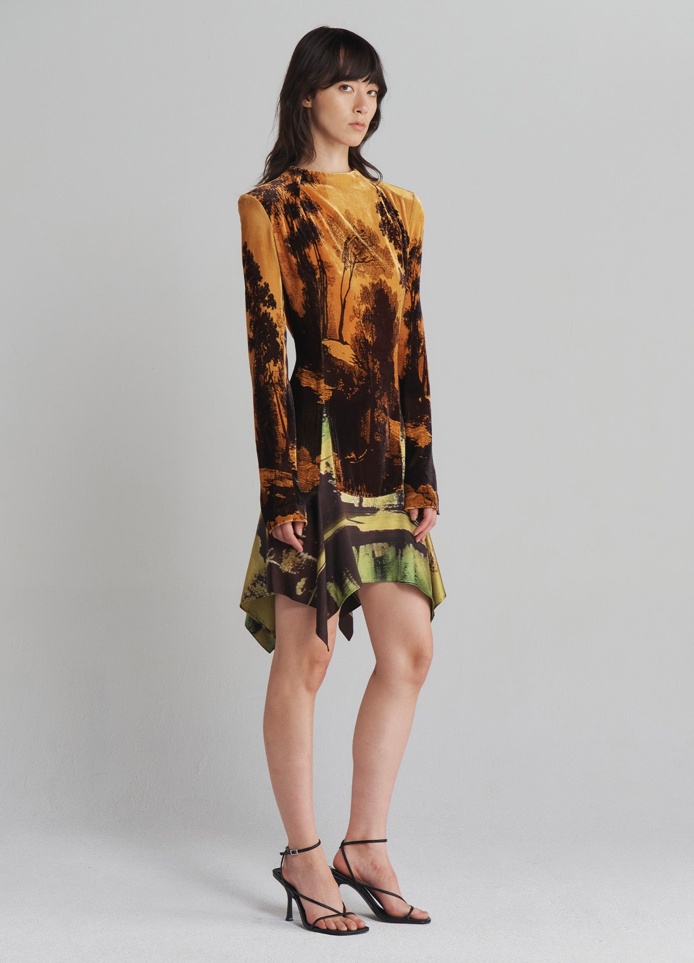 MONSE Velvet Mock Turtleneck Dress in Multi on model full side view