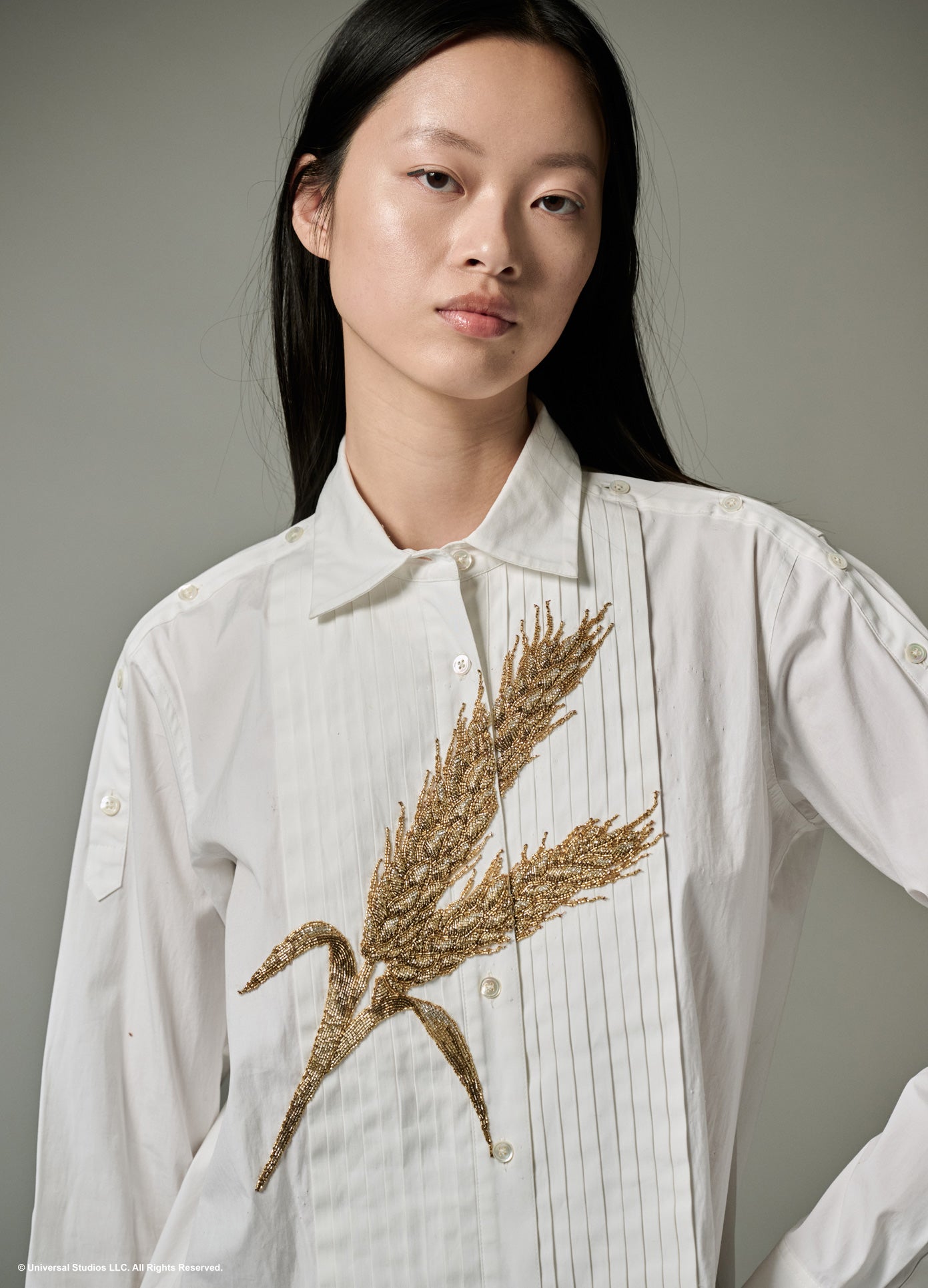 MONSE x Wicked Collaboration The Field of Gold Dress in white on model front detail view