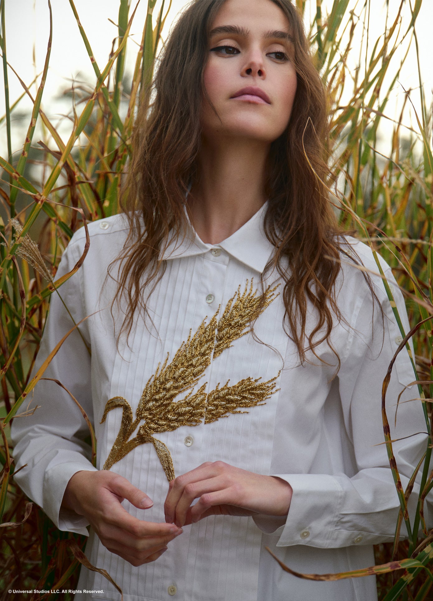MONSE x Wicked Collaboration The Field of Gold Dress in white on model lifestyle image front detail view
