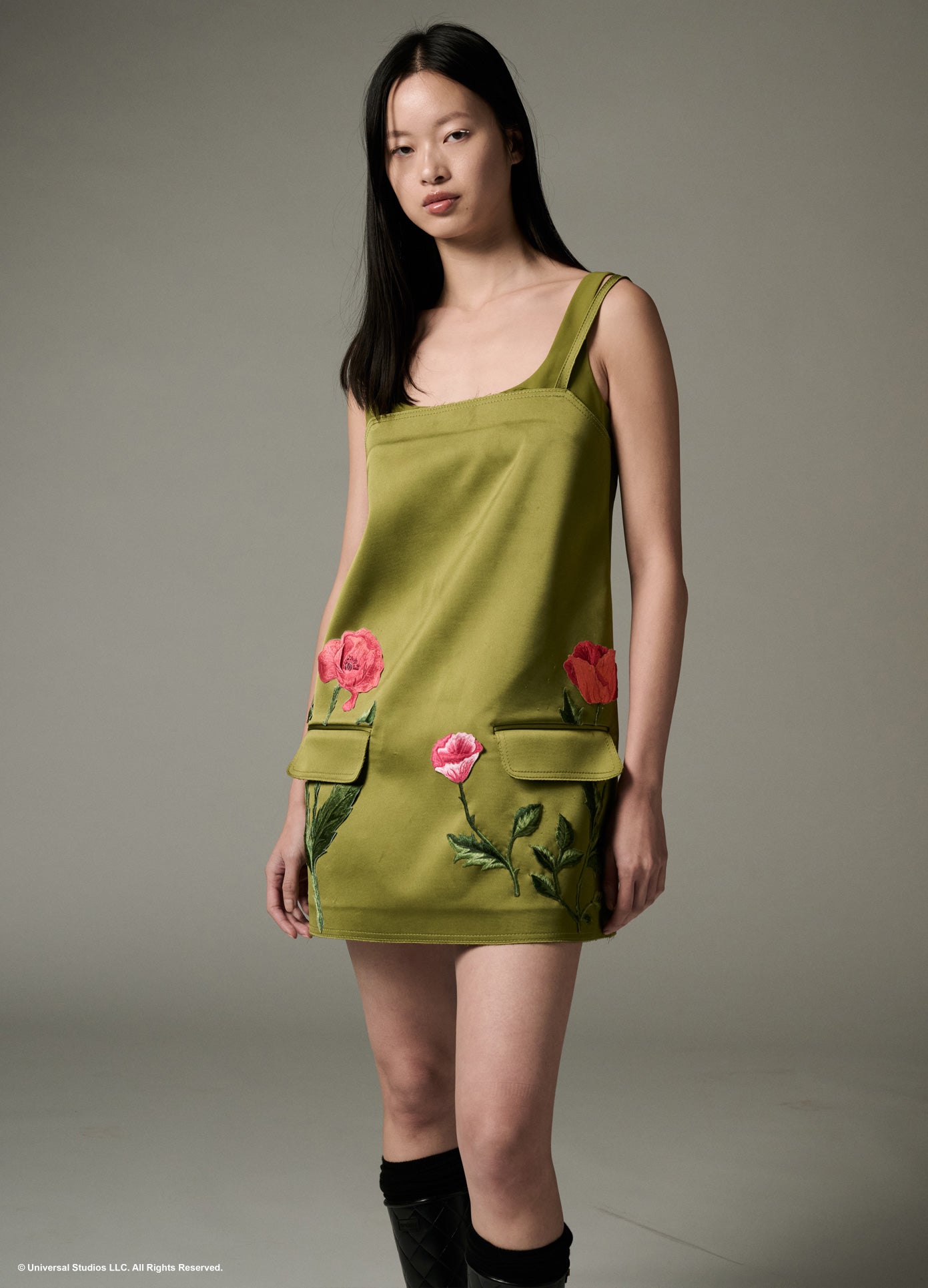 MONSE x Wicked Collaboration The Poppy Dress in olive on model front view