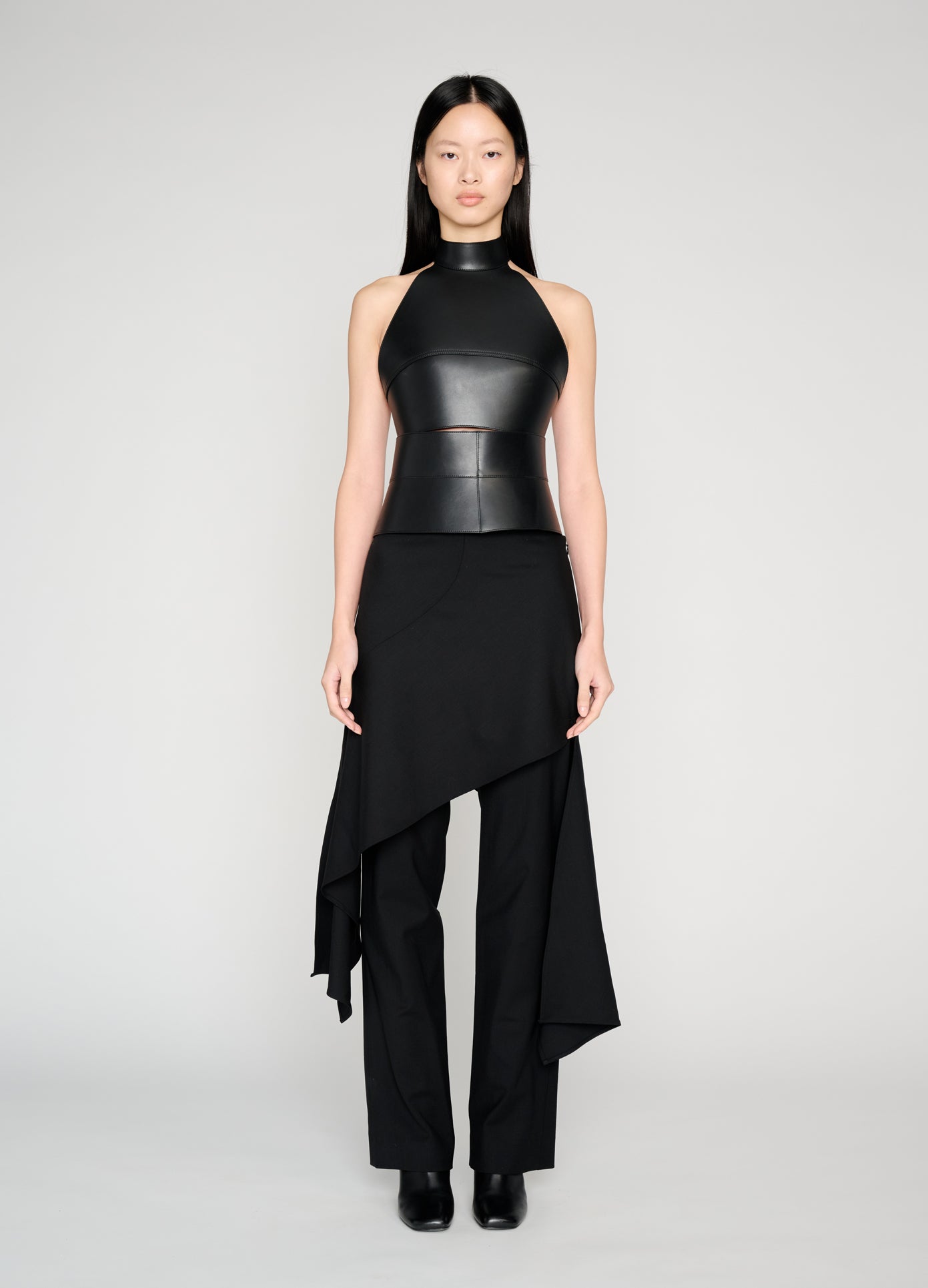 MONSE Wide Belt in black leather on model full front view