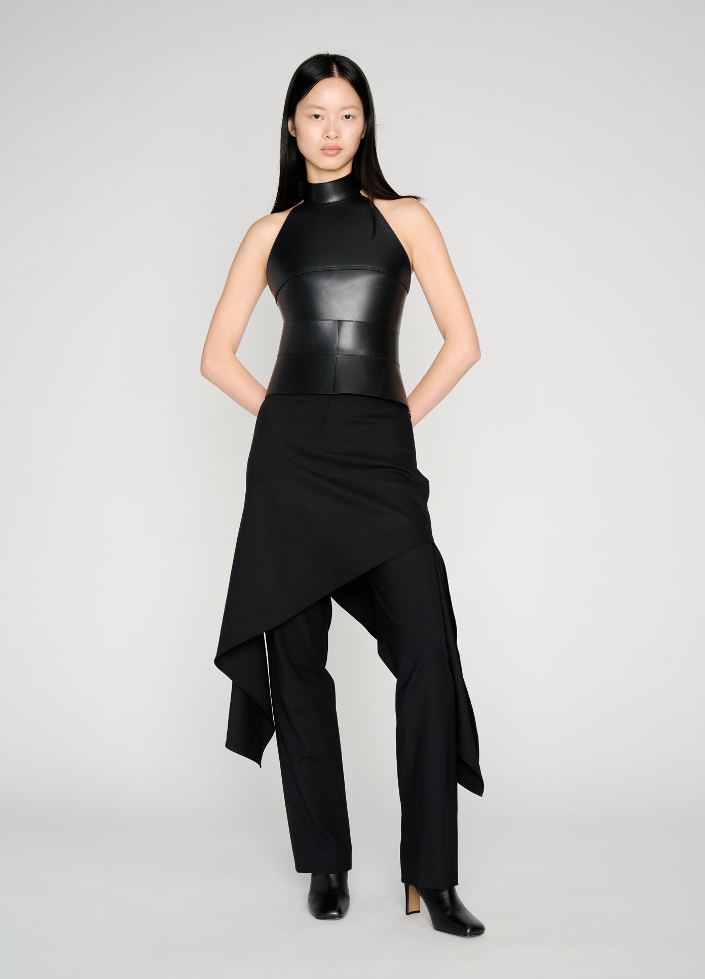 MONSE Wide Belt in black leather on model style full front view