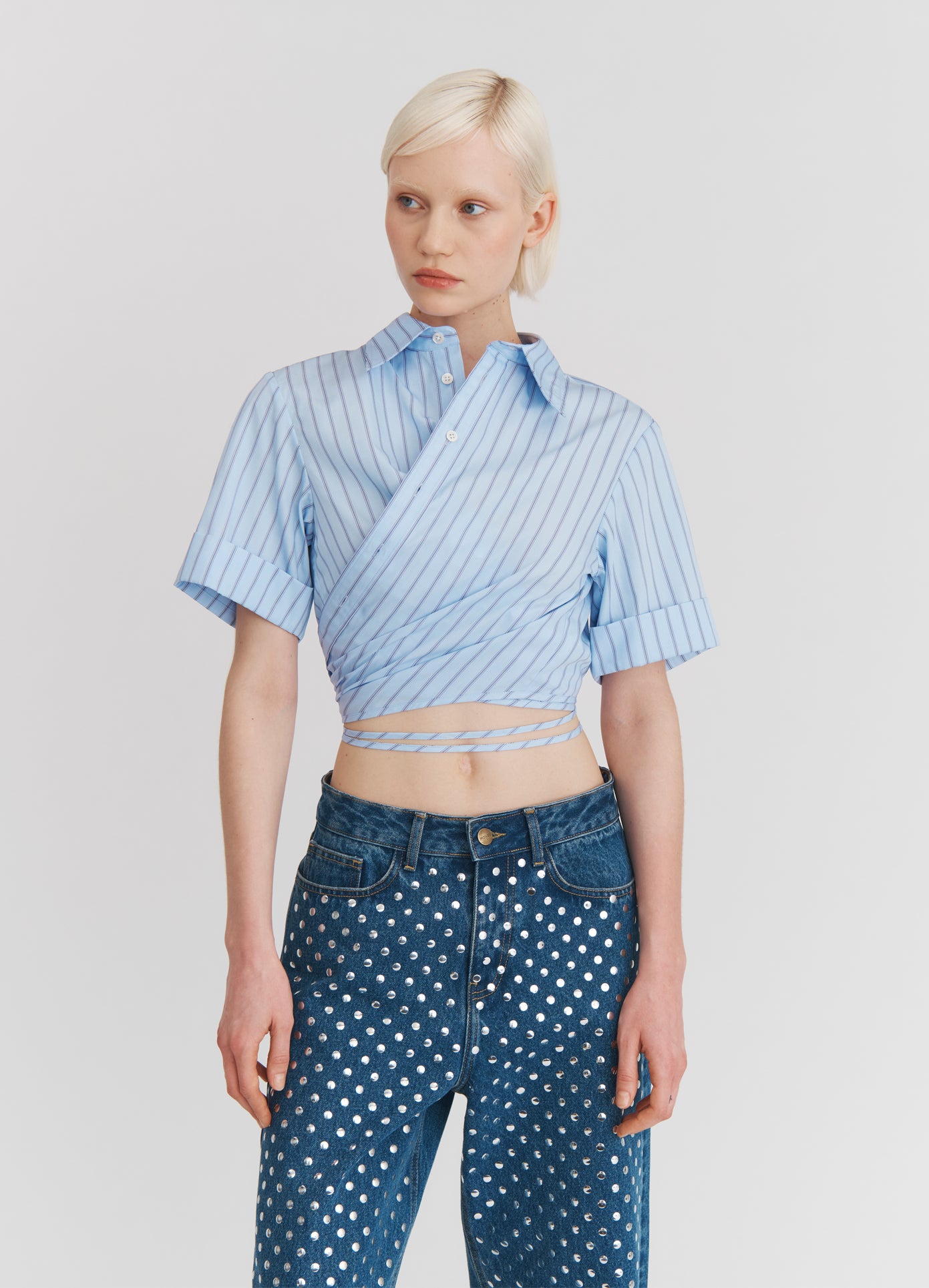 MONSE Wrap Cropped Shirt in Midnight Stripe on model front view