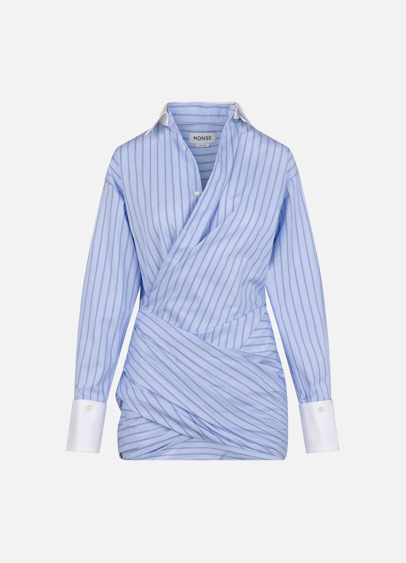 MONSE Wrap Shirt Dress in Oxford Blue and White flat front
