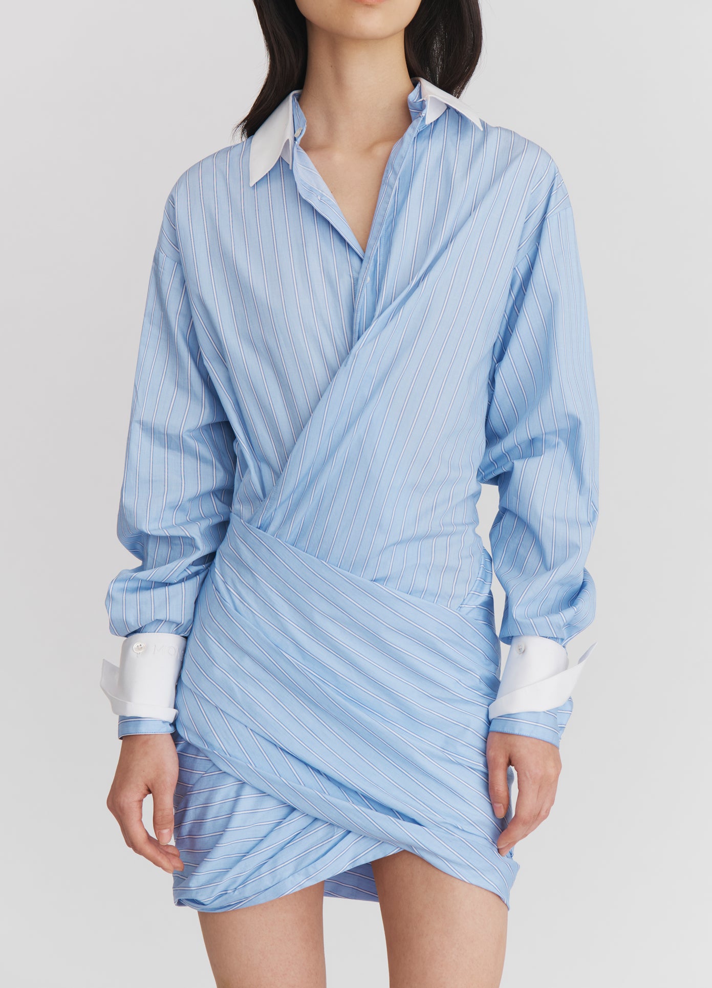 MONSE Wrap Shirt Dress in Oxford Blue and White on model front detail view