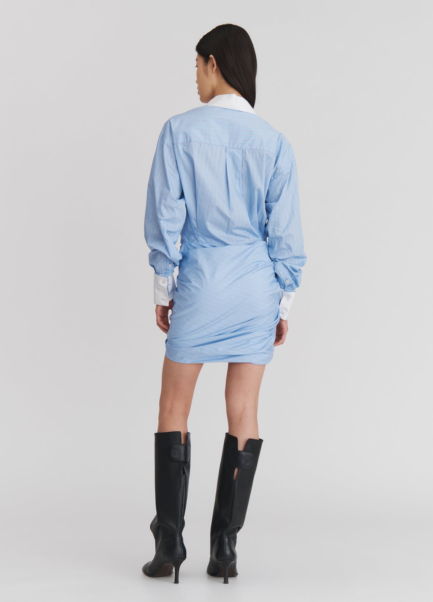 MONSE Wrap Shirt Dress in Oxford Blue and White on model full back view