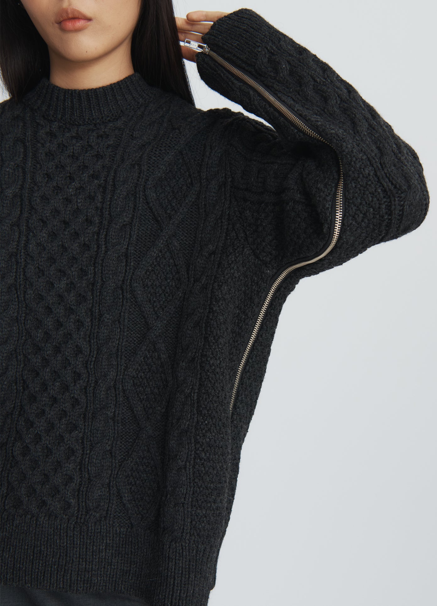 MONSE Zipper Oversized Sweater in charcoal on model detail view