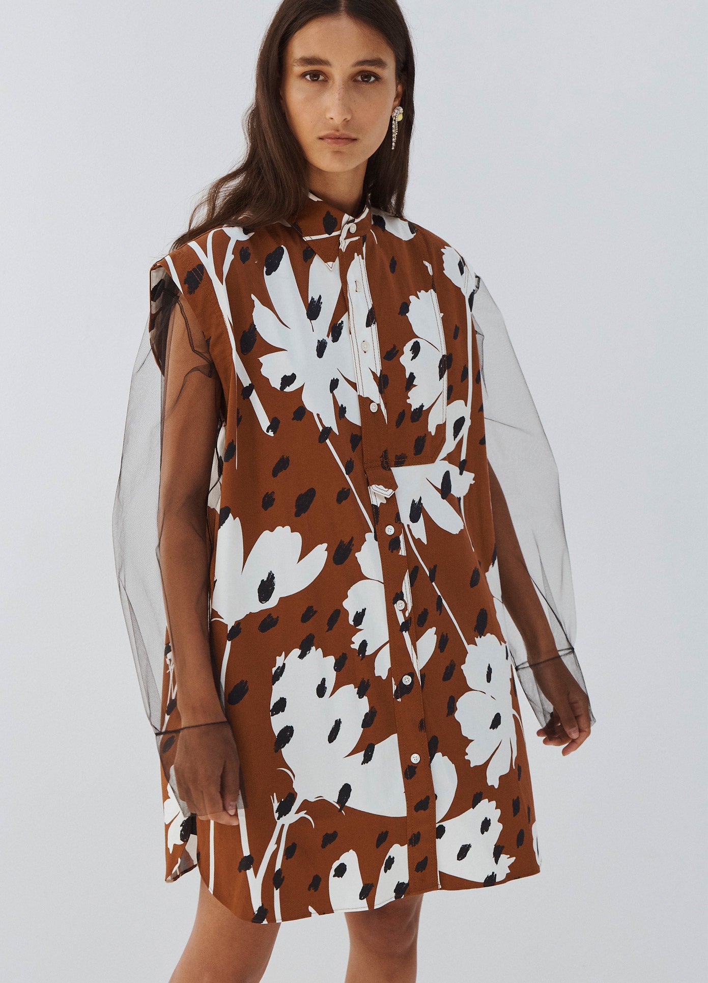 MONSE Asymmetrical Collar Sleeveless Printed Shirt in Brown Multi on Model Front View